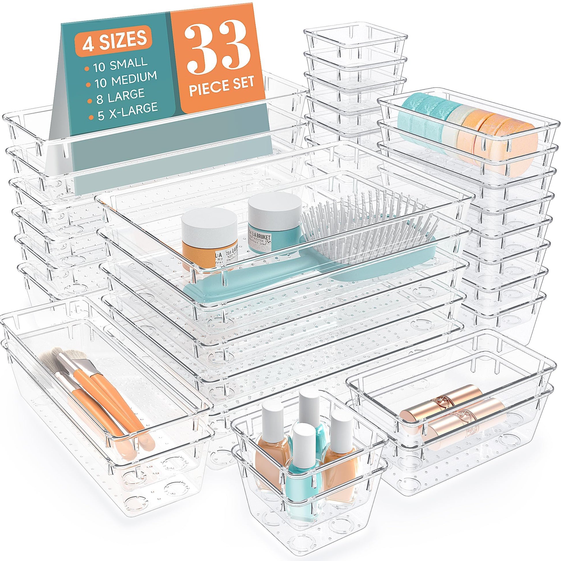 33 PCS Plastic Drawer Organizers Set, 4 Size Desk Drawer Organizer Trays