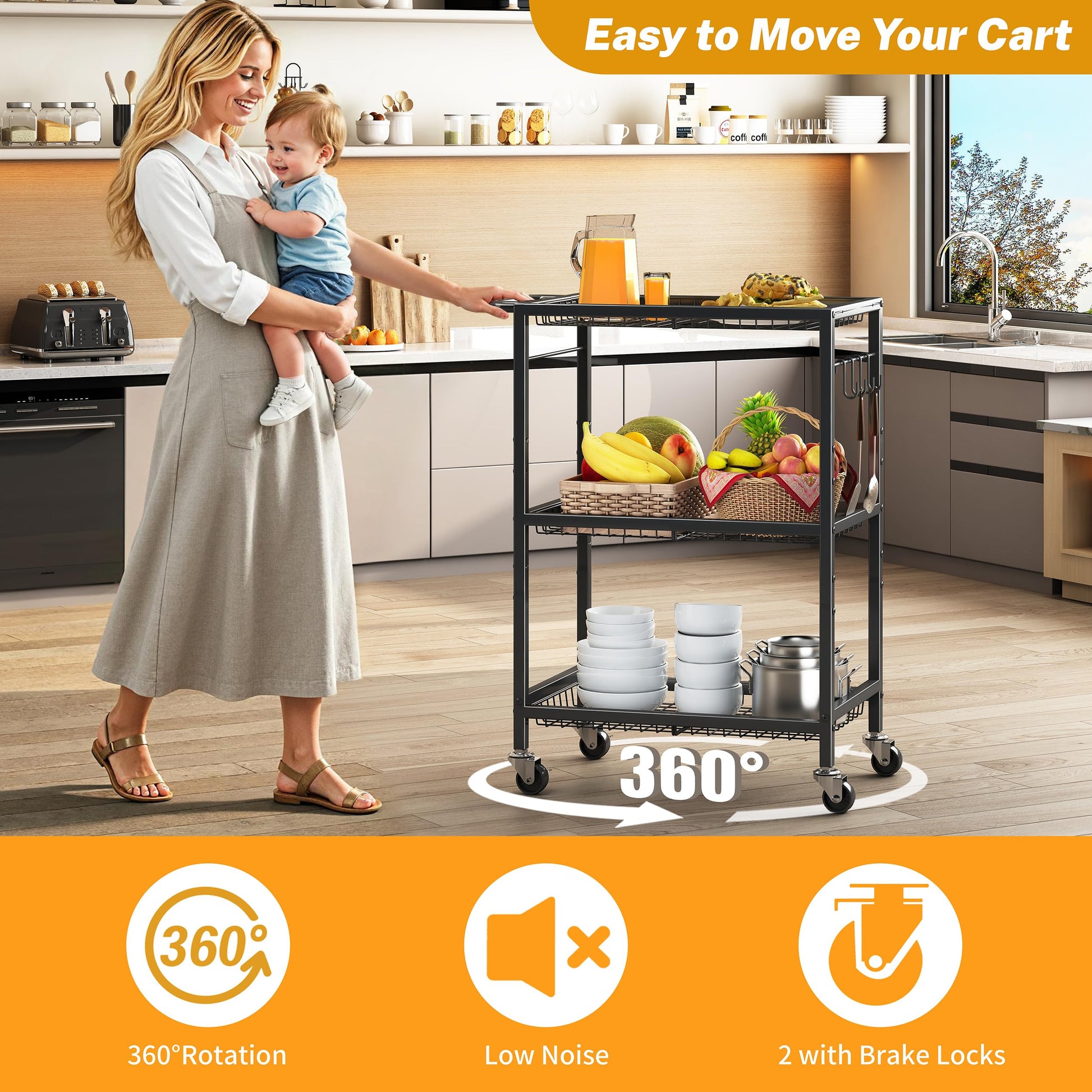 3-Tier Rolling Cart, Space-Saving Kitchen Cart with 150Lbs Capacity, Black Storage Cart with 2