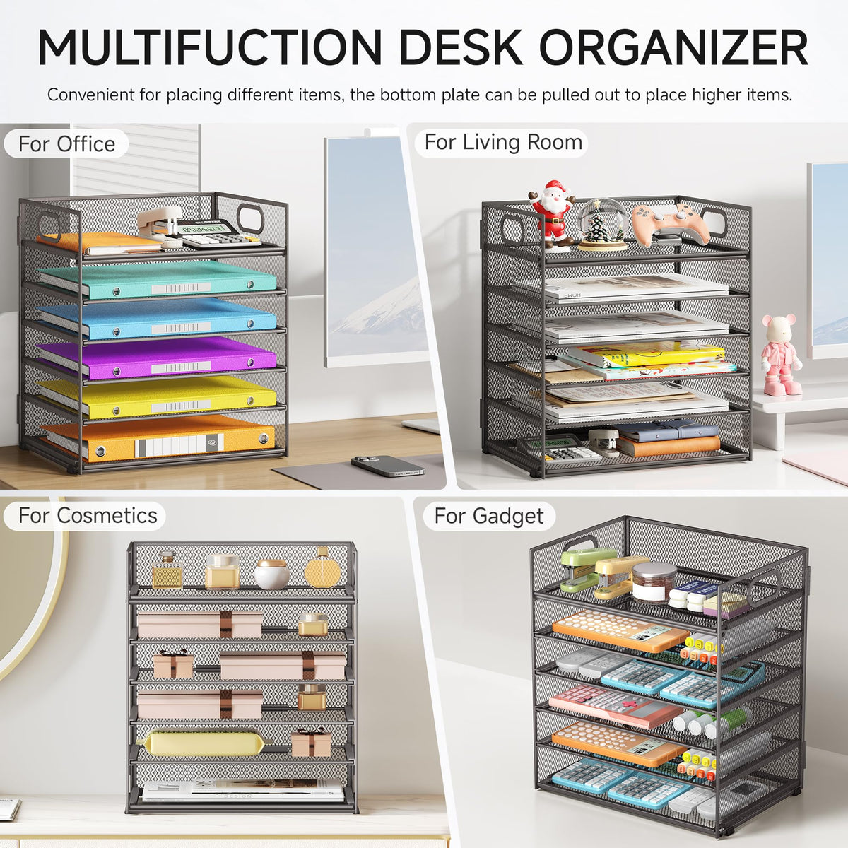 6 Tiers Letter Tray Paper Organizer With Handle, Mesh Desk File Organizer, Metal Desktop Document