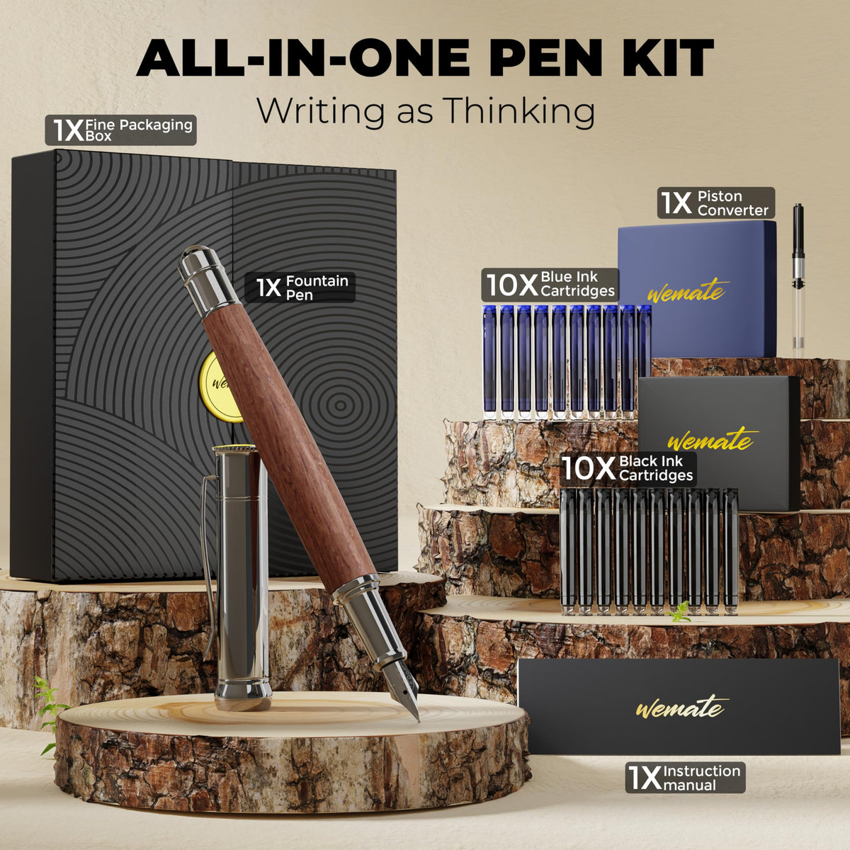 WEMATE Fountain Pen Set for Writing, Fine Nib, Red Oak