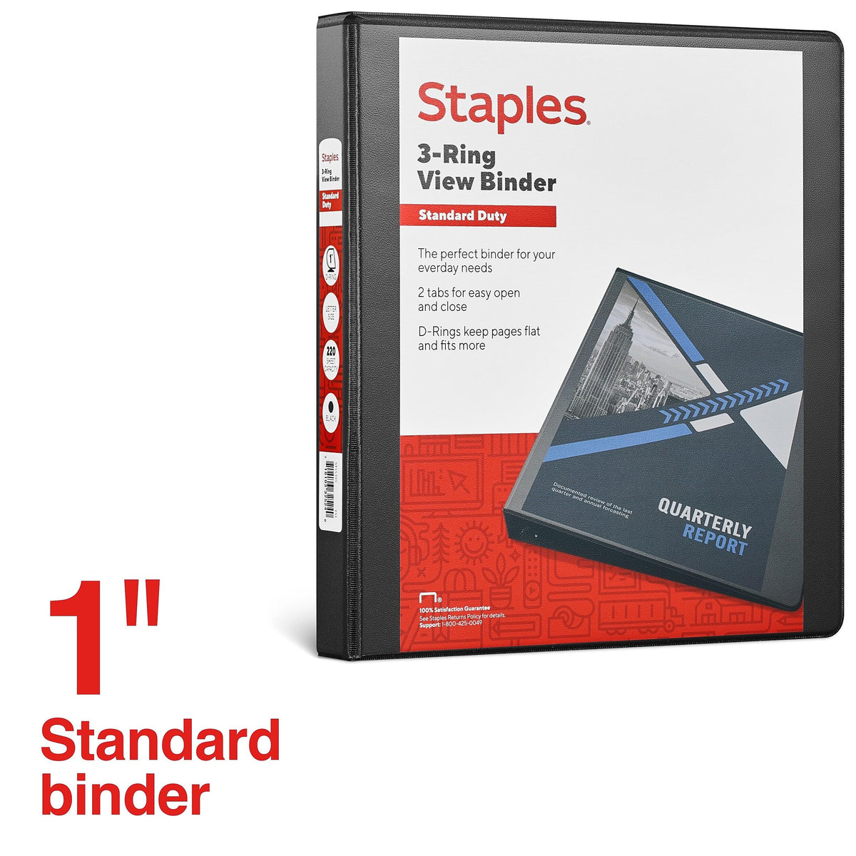 Staples 1" 3-Ring View Binder, D-Ring, Black, 4/Pack