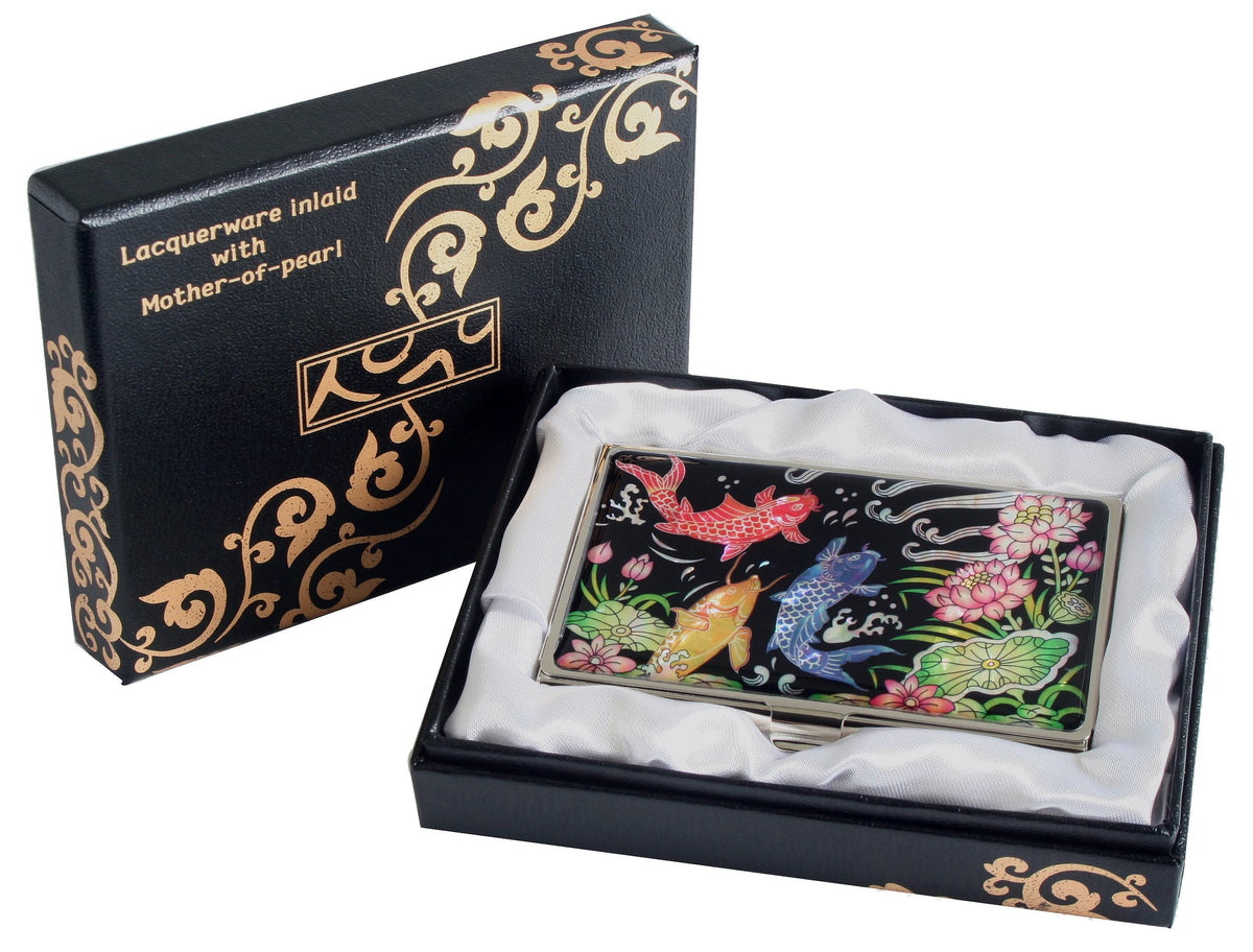 Antique Alive Mother of Pearl Metal Fish Lotus Design Business Credit Name Id Card Holder Case