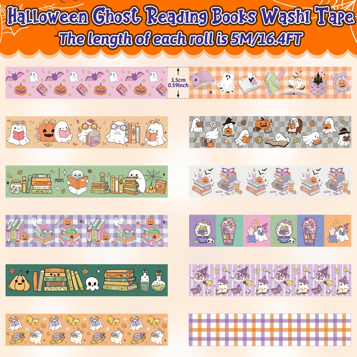 BkeeCten Halloween Ghost Reading Washi Tape for DIY Craft Gift Wrapping
