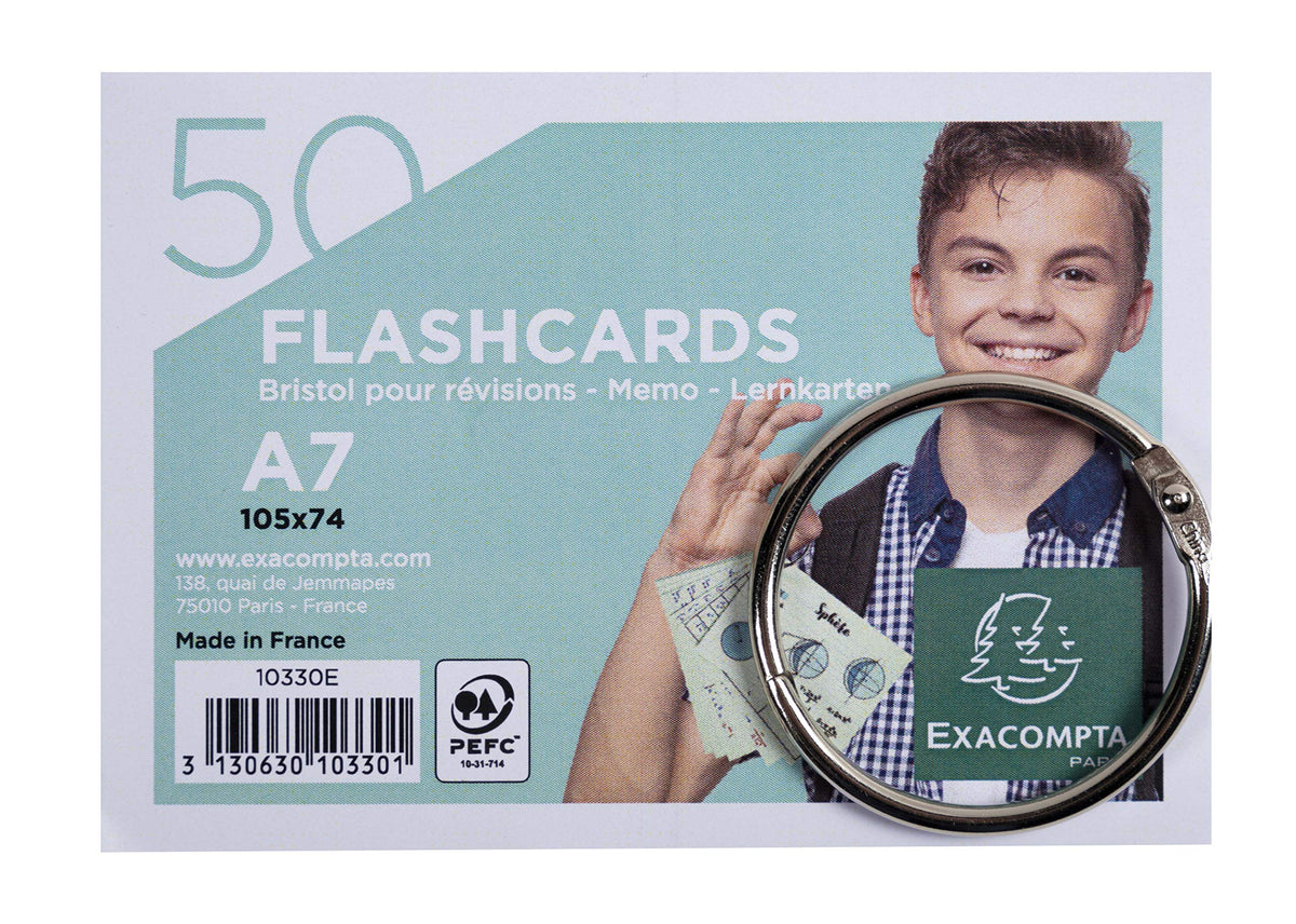 Exacompta - Ref 10330E - Bristol Revision Flashcards with Ring (Pack of 50 Cards) - A7 (77 x 105mm)