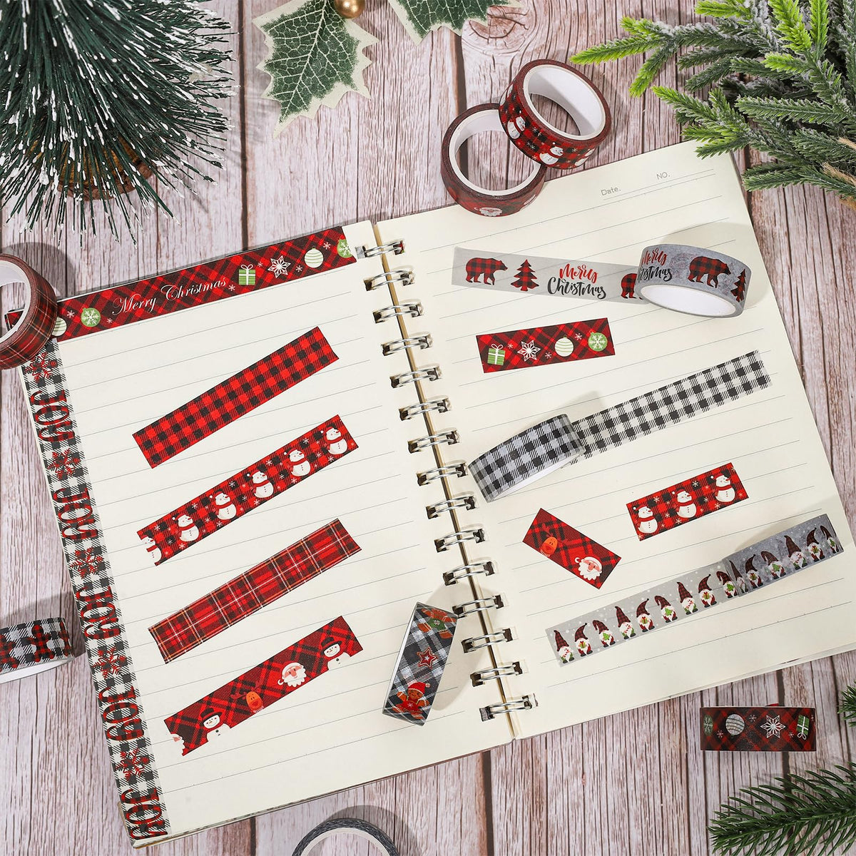 Whaline 12 Rolls Merry Christmas Washi Tape Black Red Plaid Washi Masking Tape Gnome Snowman