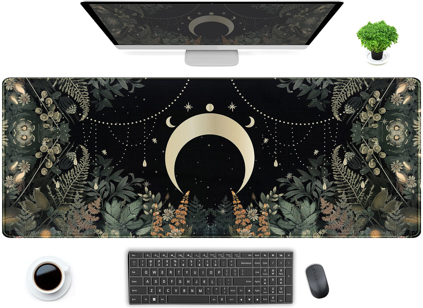 Cute Green Forest Leaves Desk Mat Whimsical Moon Mousepad XL Large Extended Gaming Mouse Pad with