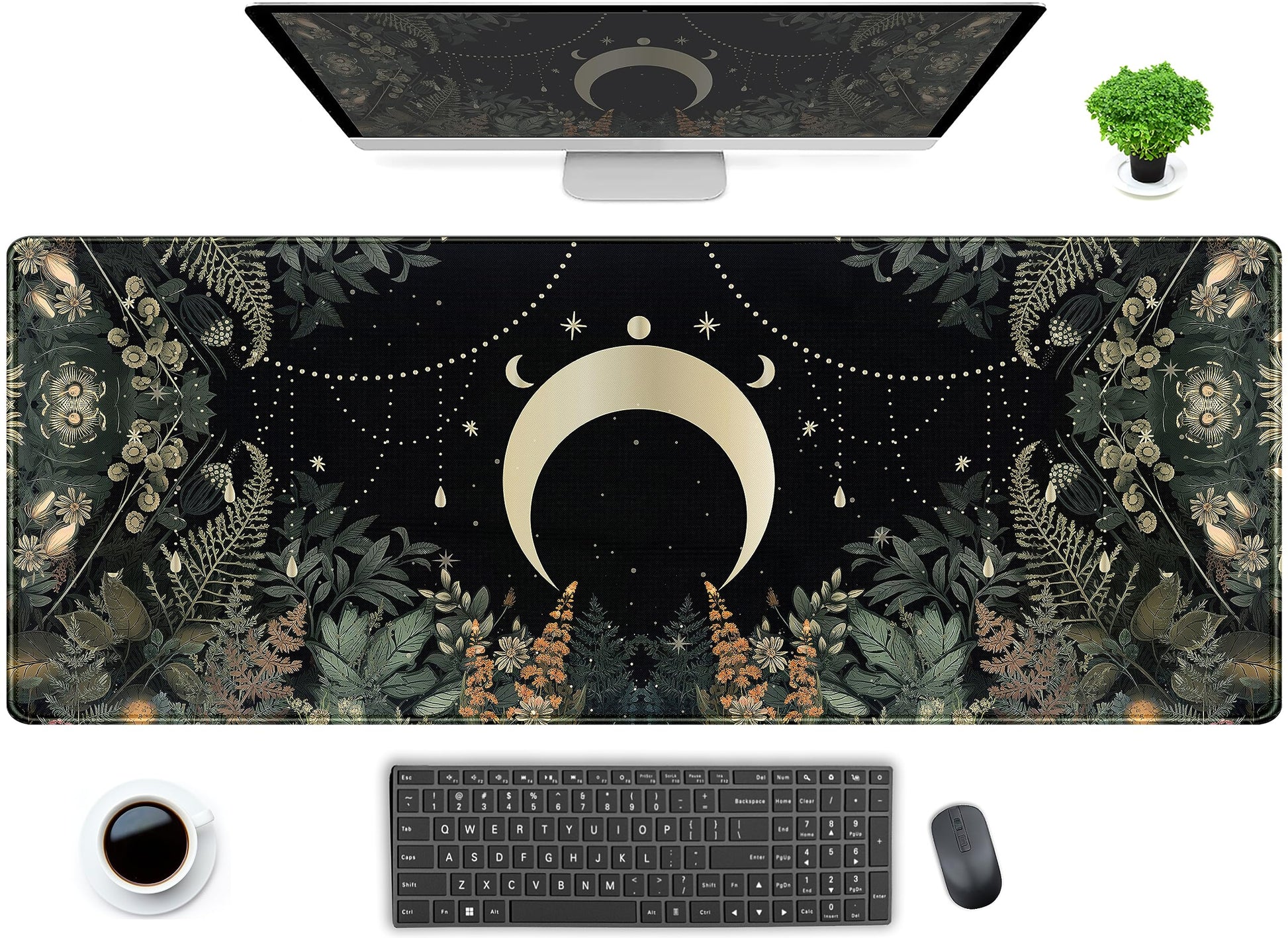 Cute Green Forest Leaves Desk Mat Whimsical Moon Mousepad XL Large Extended Gaming Mouse Pad with