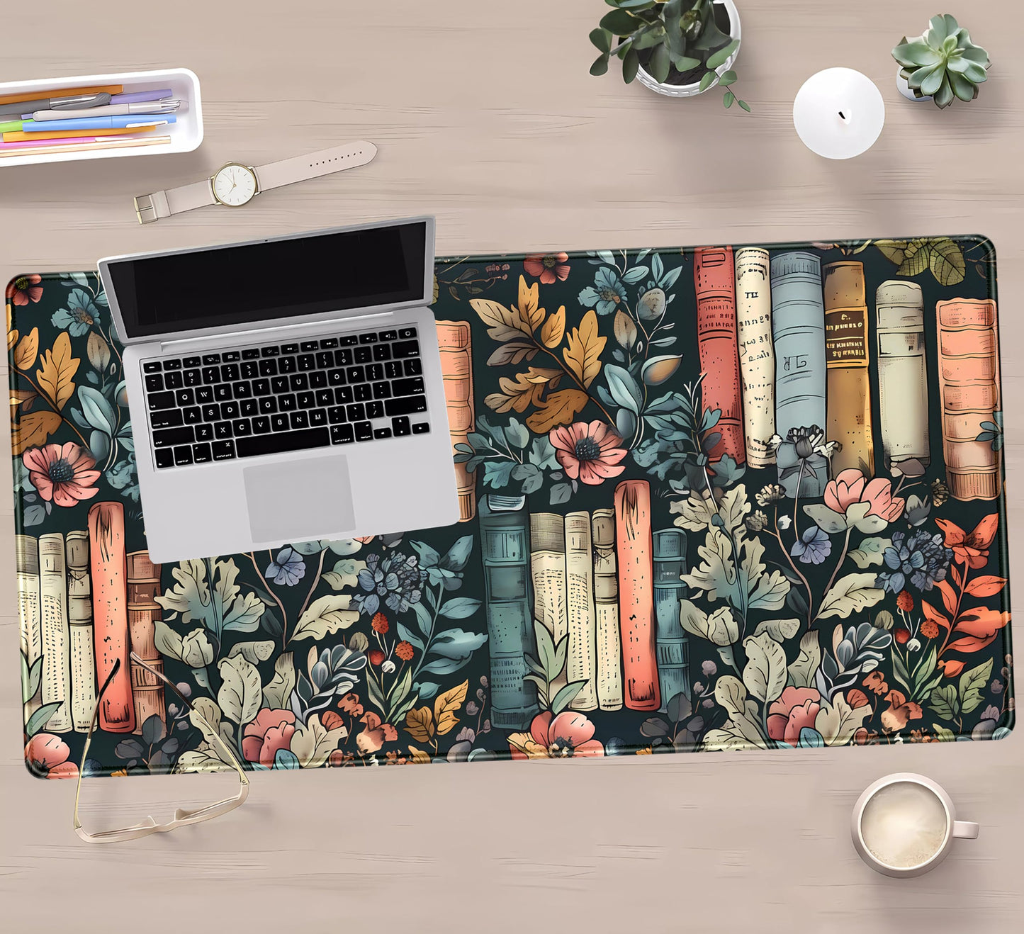 Floral Books Desk Mat Reading Desk Pad Mouse Mat XXL, Colorful Mouse Keyboard Pad Flower Bookshelf