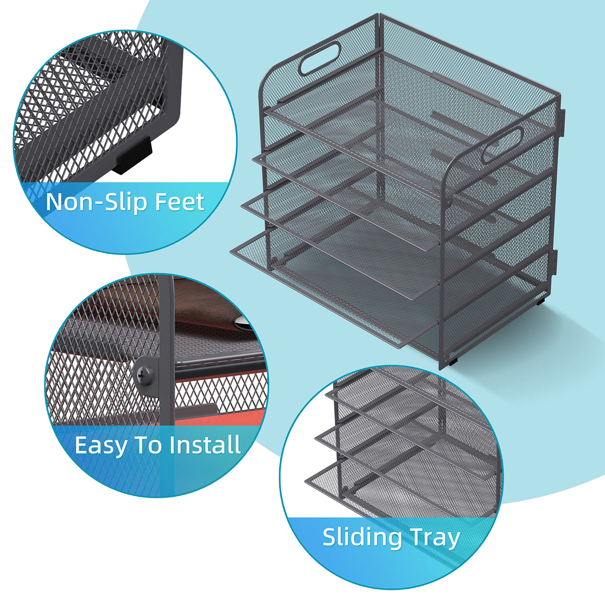 Supeasy 5 Trays Paper Organizer Letter Tray with Handle-Mesh Desk File Organizer, Grey Paper Sorter