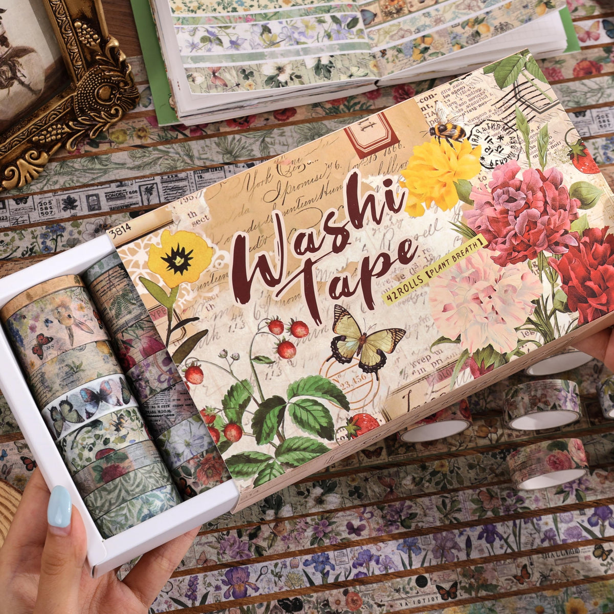 42 Rolls Vintage Washi Tape Set, Delicate Butterfly & Lush Floral Botanical Themed Writable