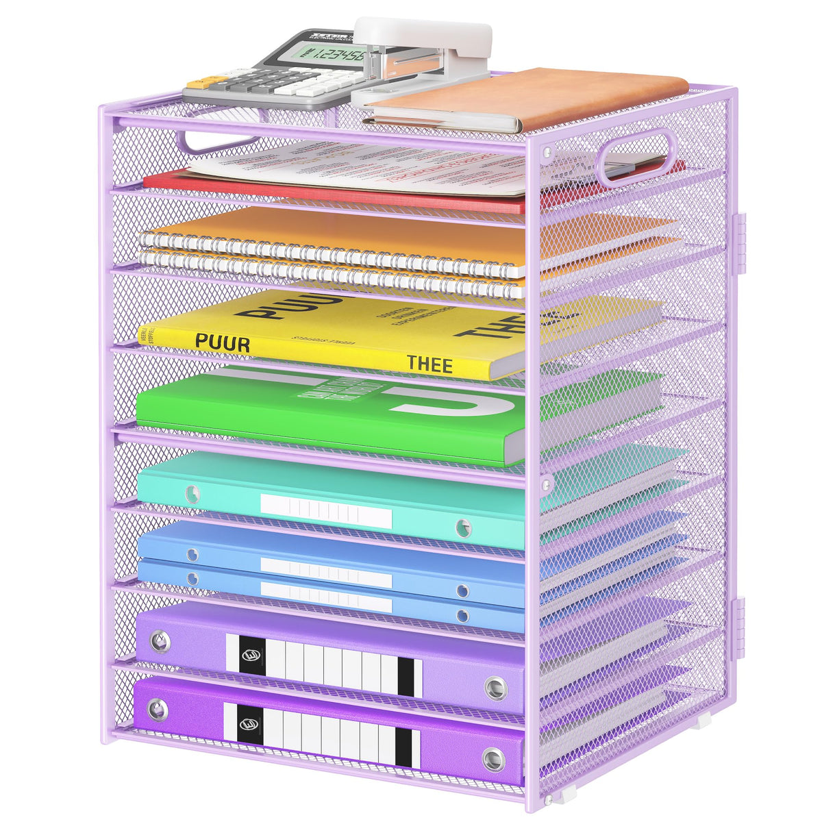 Cawukege 9 Tier Paper Organizer with Handle, Purple Large Capacity Desk Organizer Mesh File Folder