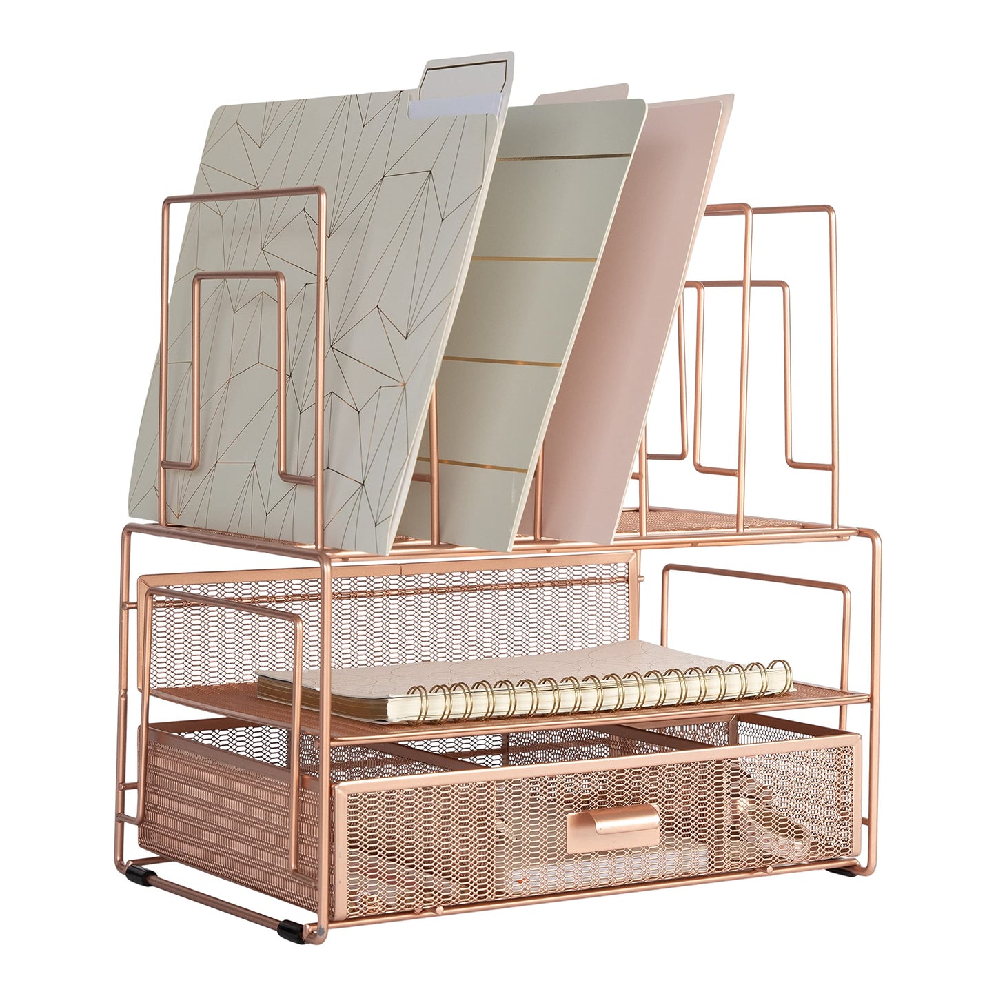 BLU MONACO | Rose Gold Desk Organizer with Drawer | Metal Desk Organizer with File Sorters and