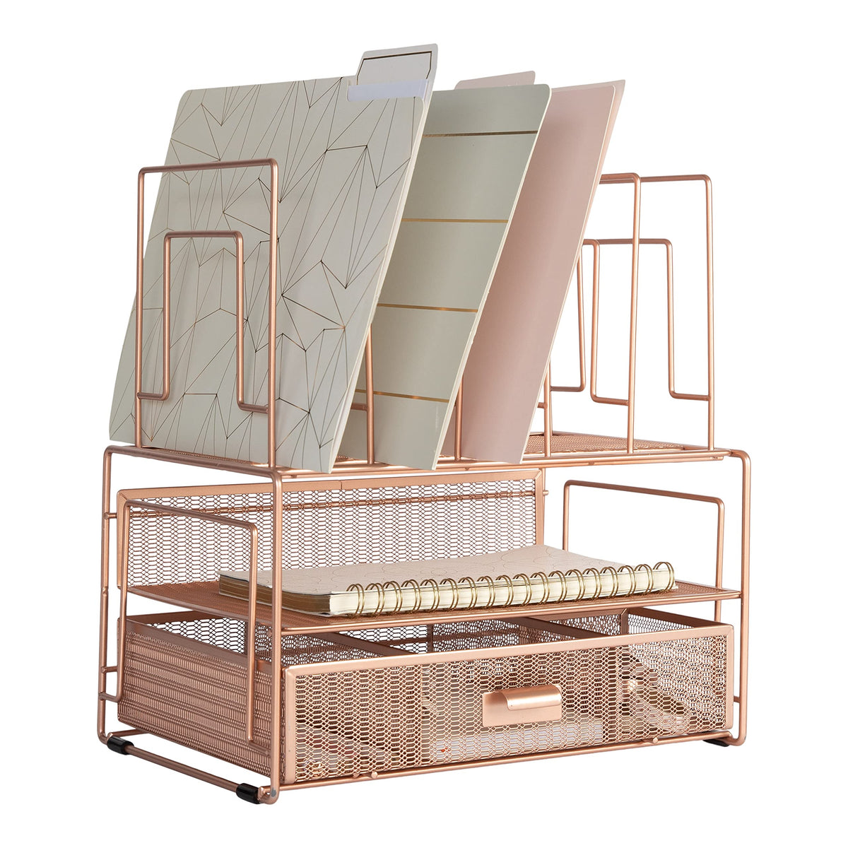 BLU MONACO | Rose Gold Desk Organizer with Drawer | Metal Desk Organizer with File Sorters and