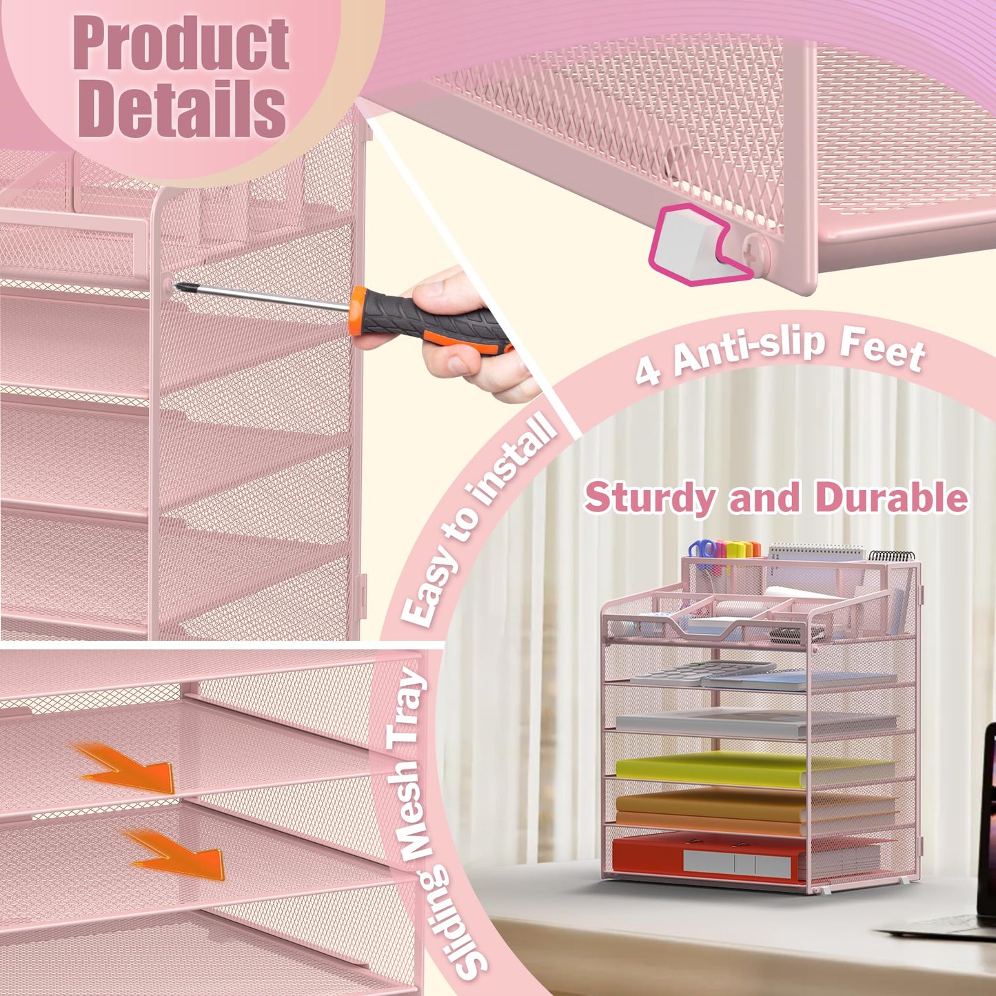 Docnest 6 Tier Mesh Desk Organizer with Letter Tray & Paper Sorter, Pink