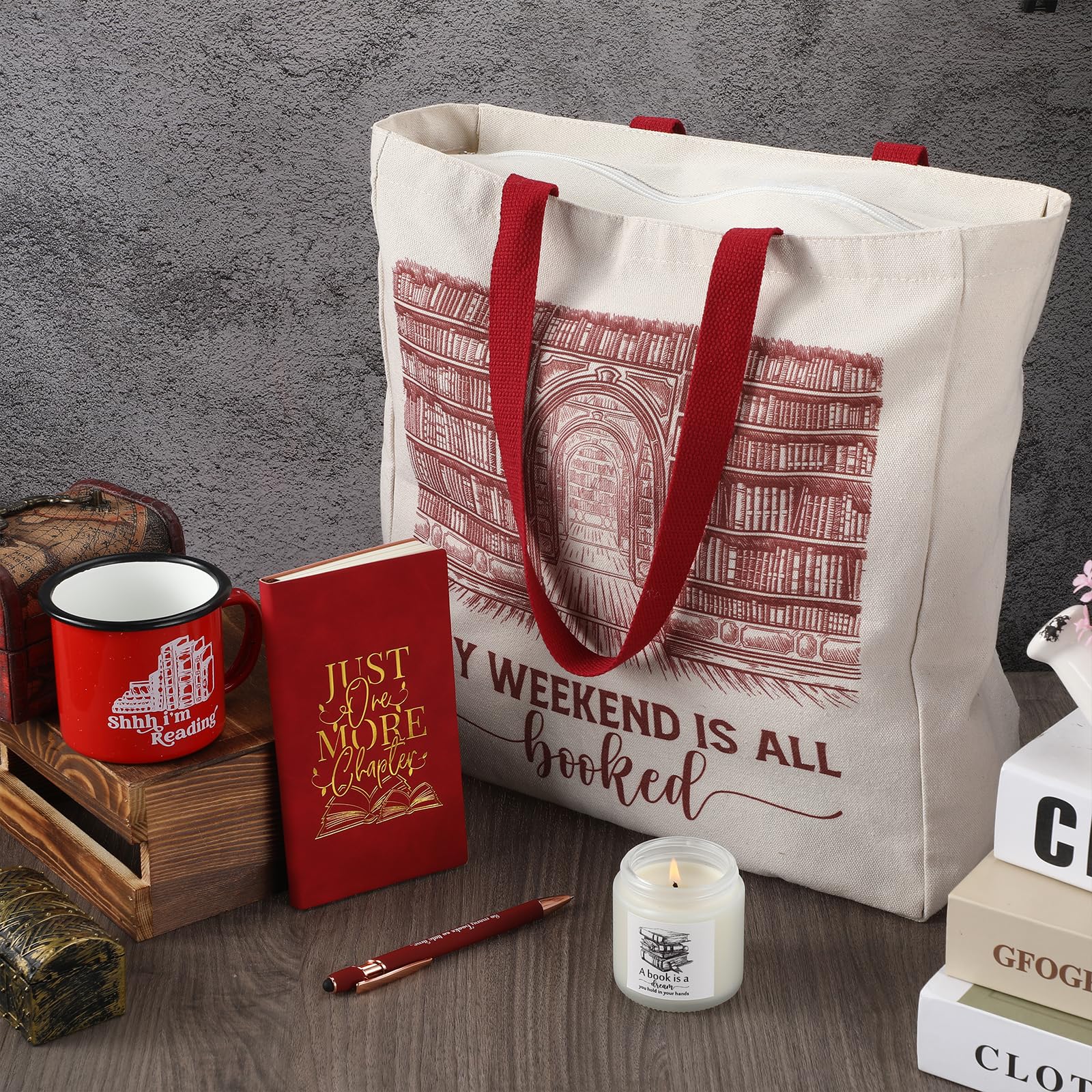 Jetec 5 Piece Book Lovers Set, Canvas Tote Bag Notebook, Candle, Red
