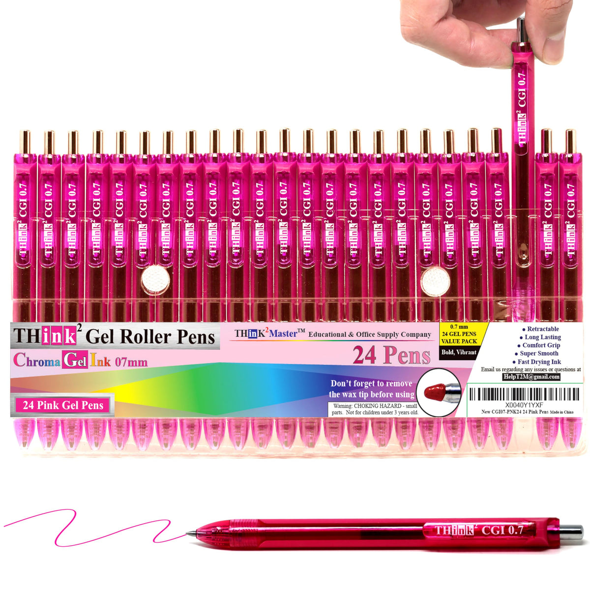 [24 Pens - Pink Ink] Think2 0.7mm CGI Retractable Gel Pens. (24 Pink) Medium Point Rollerball Pens