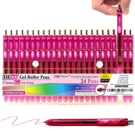 [24 Pens - Pink Ink] Think2 0.7mm CGI Retractable Gel Pens. (24 Pink) Medium Point Rollerball Pens
