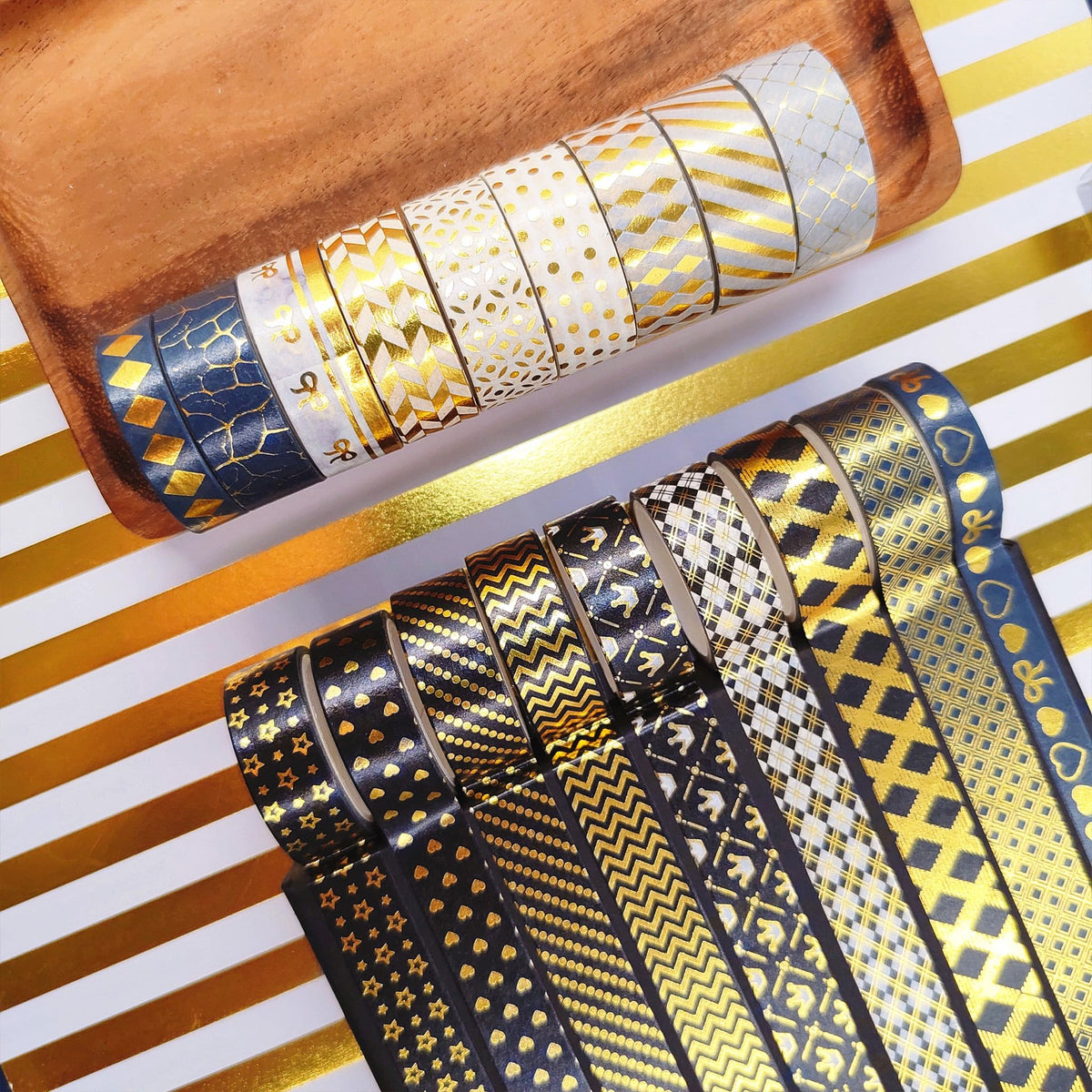 YUBBAEX 18 Rolls Black Gold Washi Tape Set Basic Patterns Foil Print Decorative Tapes for Arts, DIY