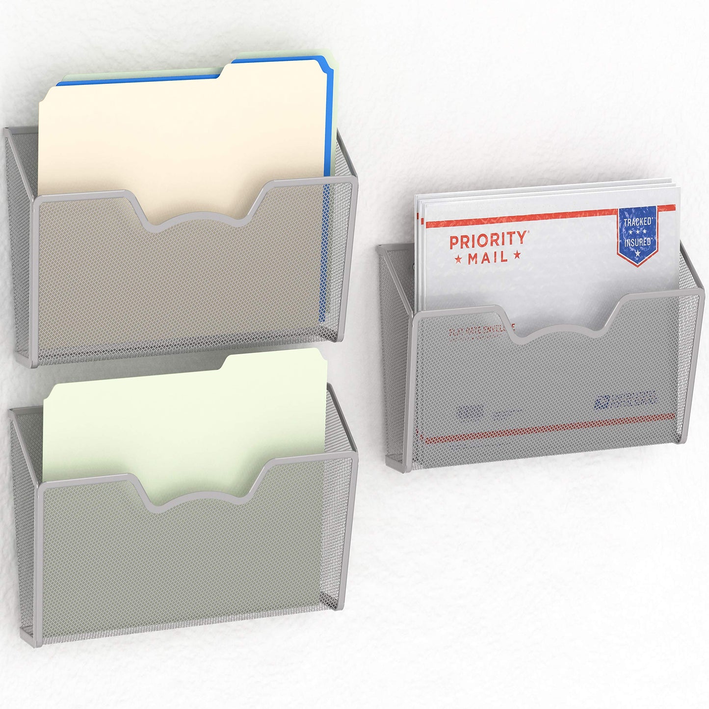 Simple Houseware Wall Mount Single Pocket File Holder, 3-Pack, Silver