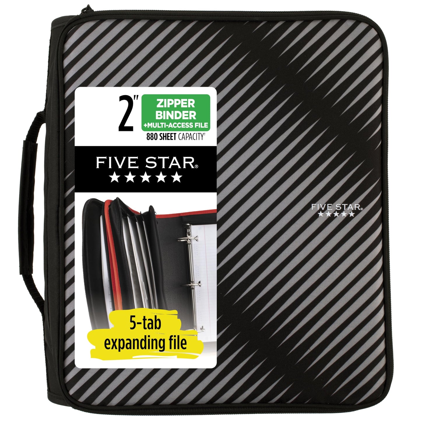 Five Star Zipper Binder, 2 Inch 3-Ring Binder with Round Rings, 5-Tab Expanding File, 380 Sheet