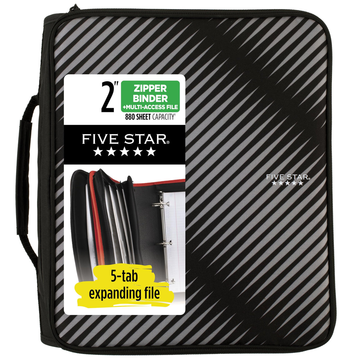 Five Star Zipper Binder, 2 Inch 3-Ring Binder with Round Rings, 5-Tab Expanding File, 380 Sheet