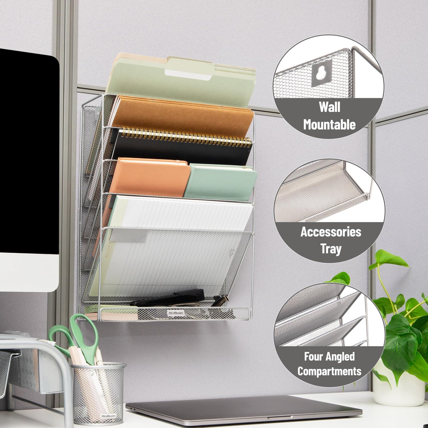 Mind Reader 5-Pocket Vertical File Storage, Desktop Organizer, Wall Mount, Office, Metal Mesh