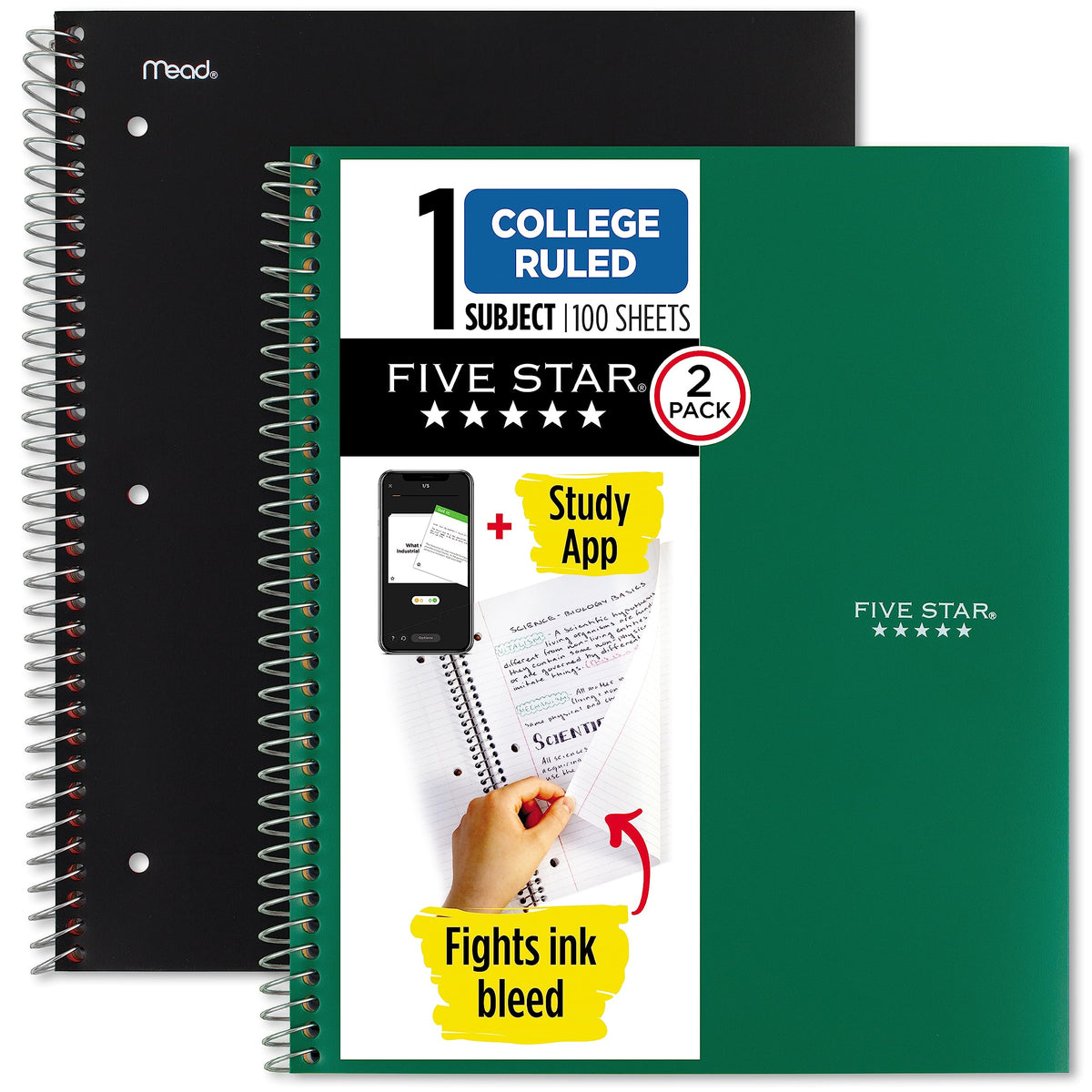 Five Star Spiral Notebook + Study App, 2 Pack, 1-Subject, College Ruled Paper, Fights Ink Bleed