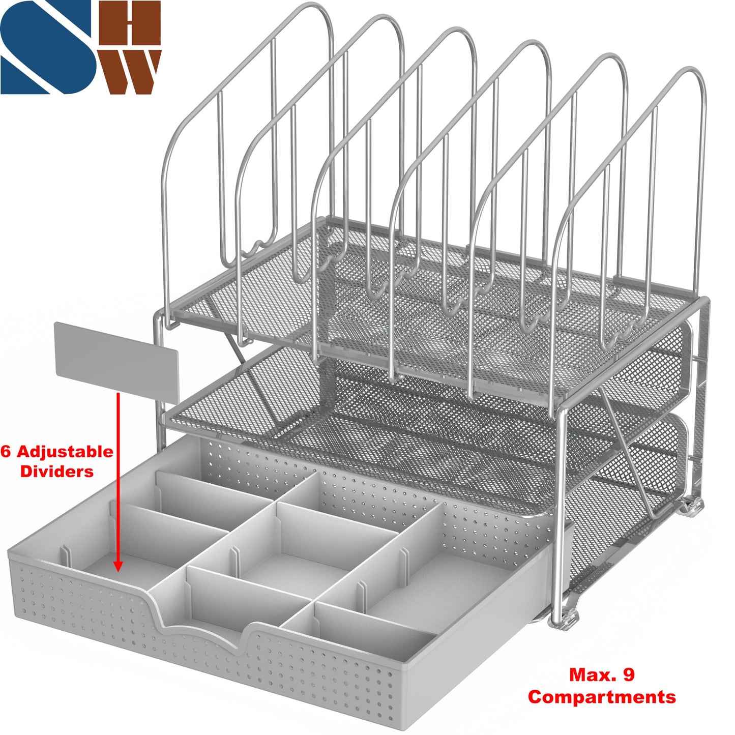 Deco Brothers Mesh Desk Organizer with Double Tray, 5 Upright Section, Gray