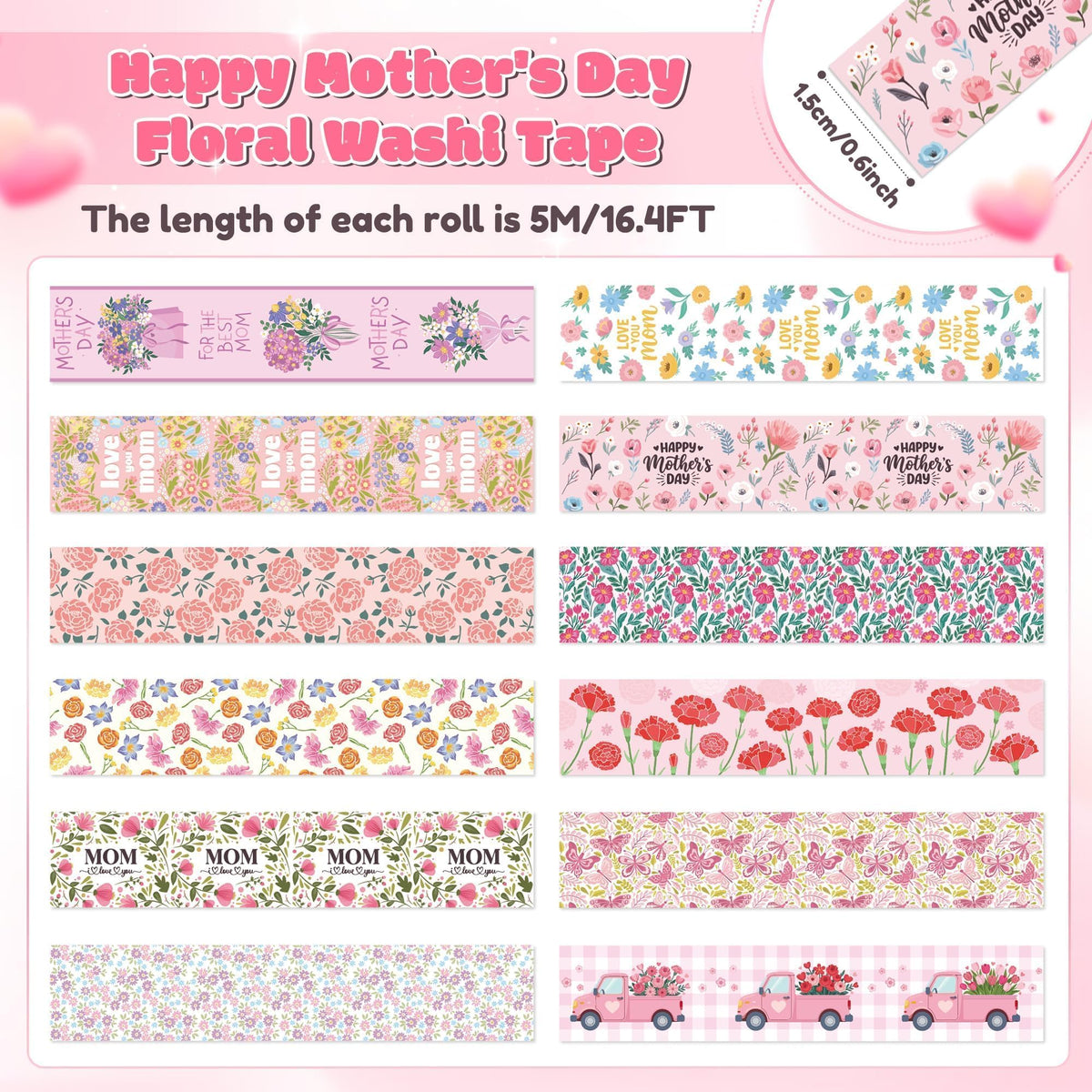 BkeeCten Mother's Day Washi Tape - 12 Rolls Daisy Floral Bouquet Vintage Truck Love Mom Message