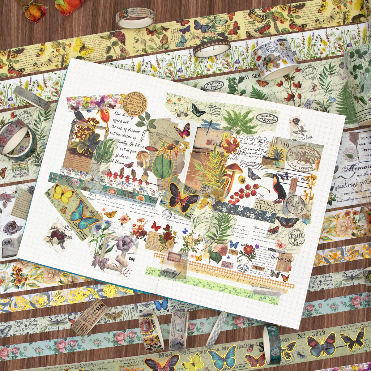 37 Rolls Vintage Washi Tape Set - Decorative Tape Floral Butterfly Mushroom Botanical,Adhesive Tape