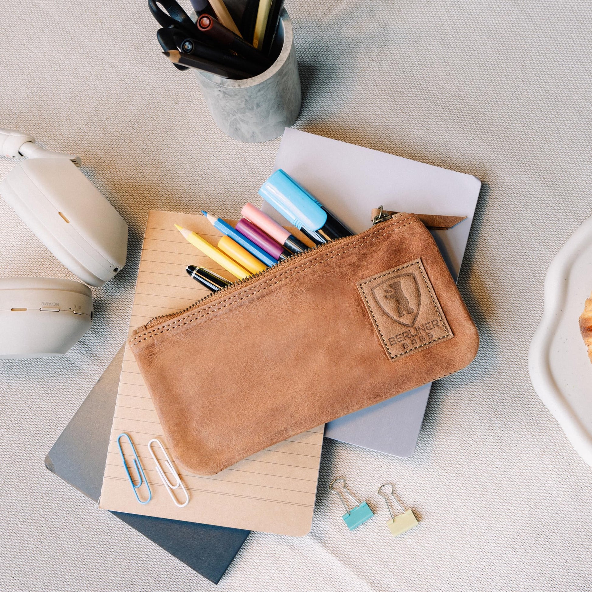 BERLINER BAGS Genuine Leather Pencil Case, Vintage Pen Pouch - Brown