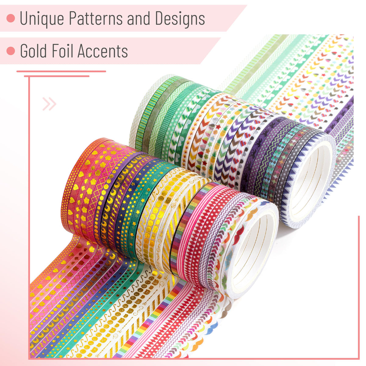 Mr. Pen- Skinny Washi Tape Set, 48 Rolls, Gold Foil Print, 3mm Wide