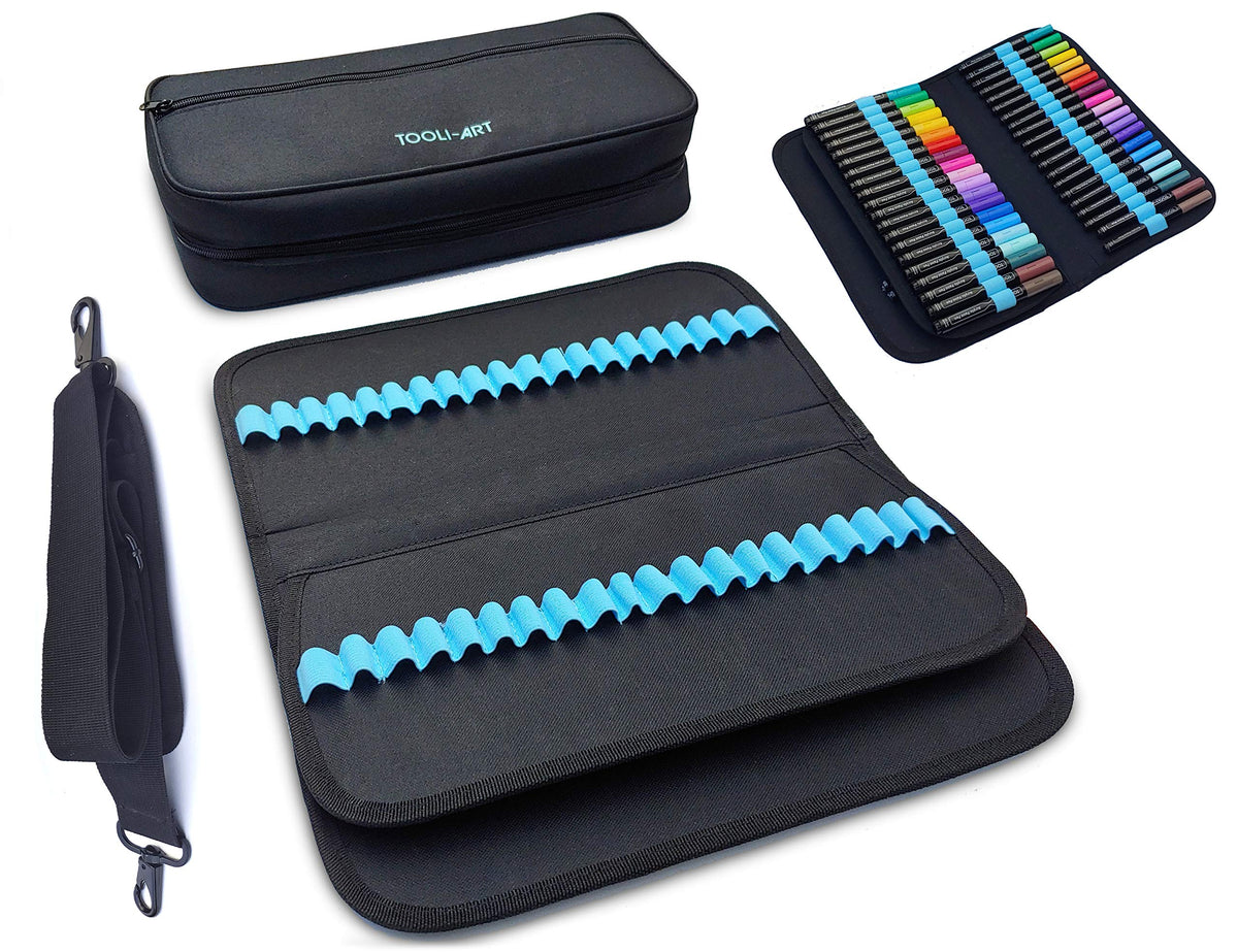 TOOLI-ART Marker & Pen Carrying Case -120 Slots, Canvas, Extra Pockets, Trolley Sleeve, Removable