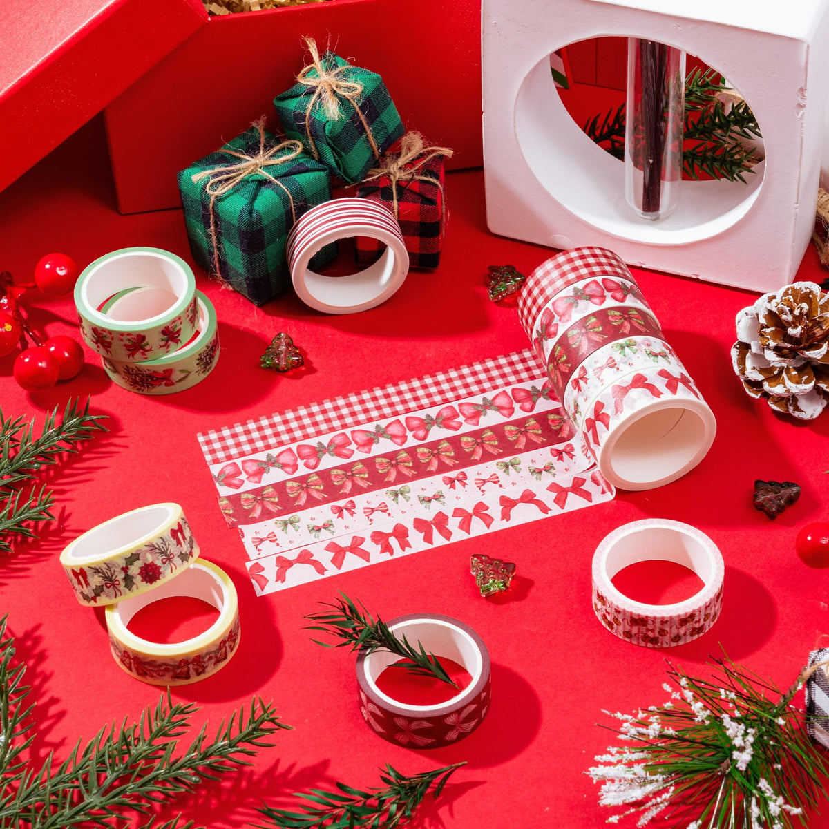 BkeeCten Christmas Bow Washi Tape - 12 Rolls Festive Holiday Designs with Holly Candy Cane