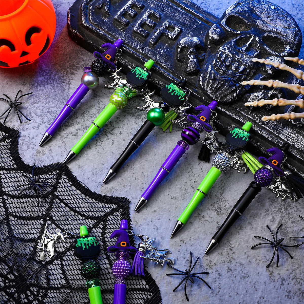 Jutom 12 Pcs Halloween Beadable Pens with Silicone Focal Beads