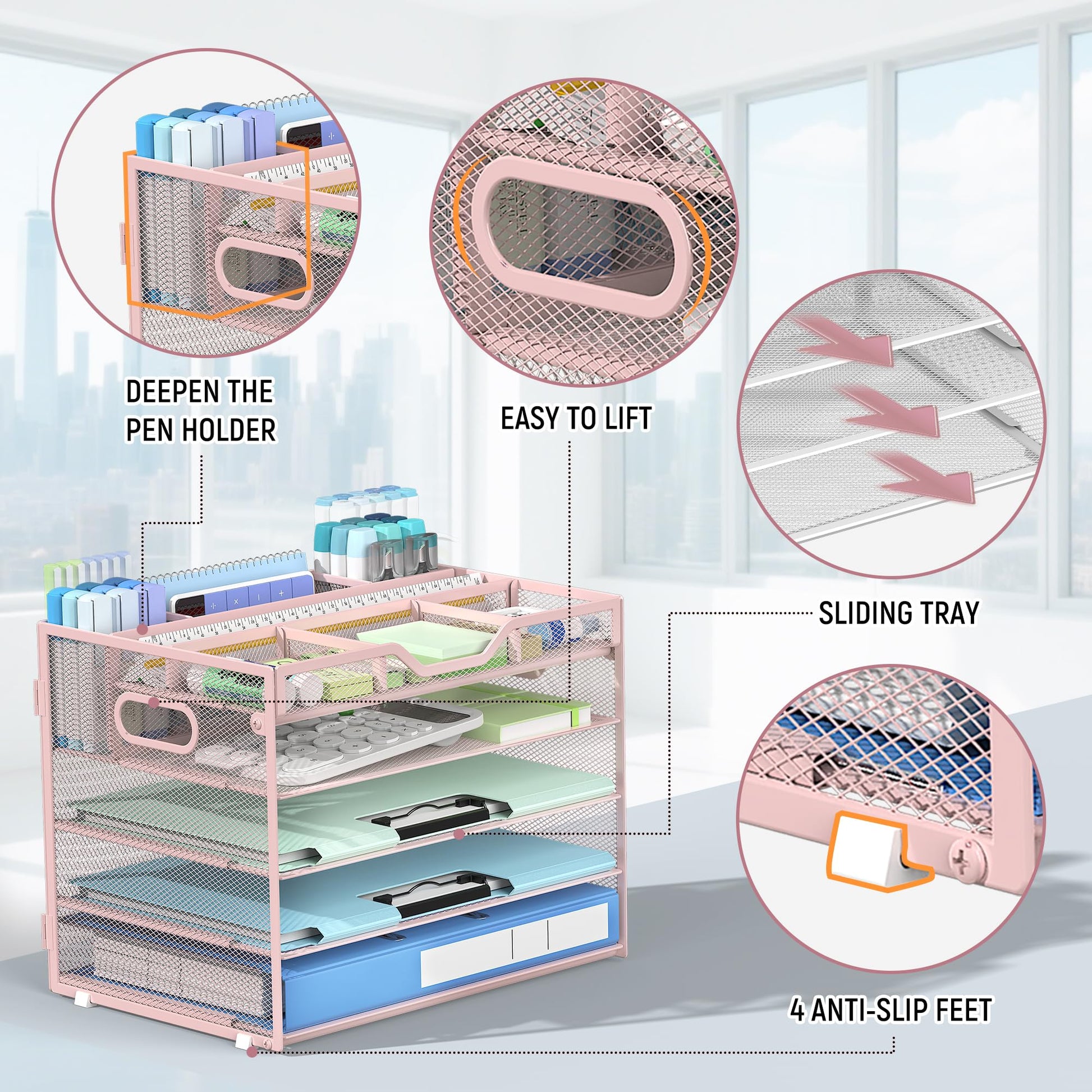 Docnest 5 Tier Mesh Desk Organizer with Removable Tray&Pen Holder, Pink