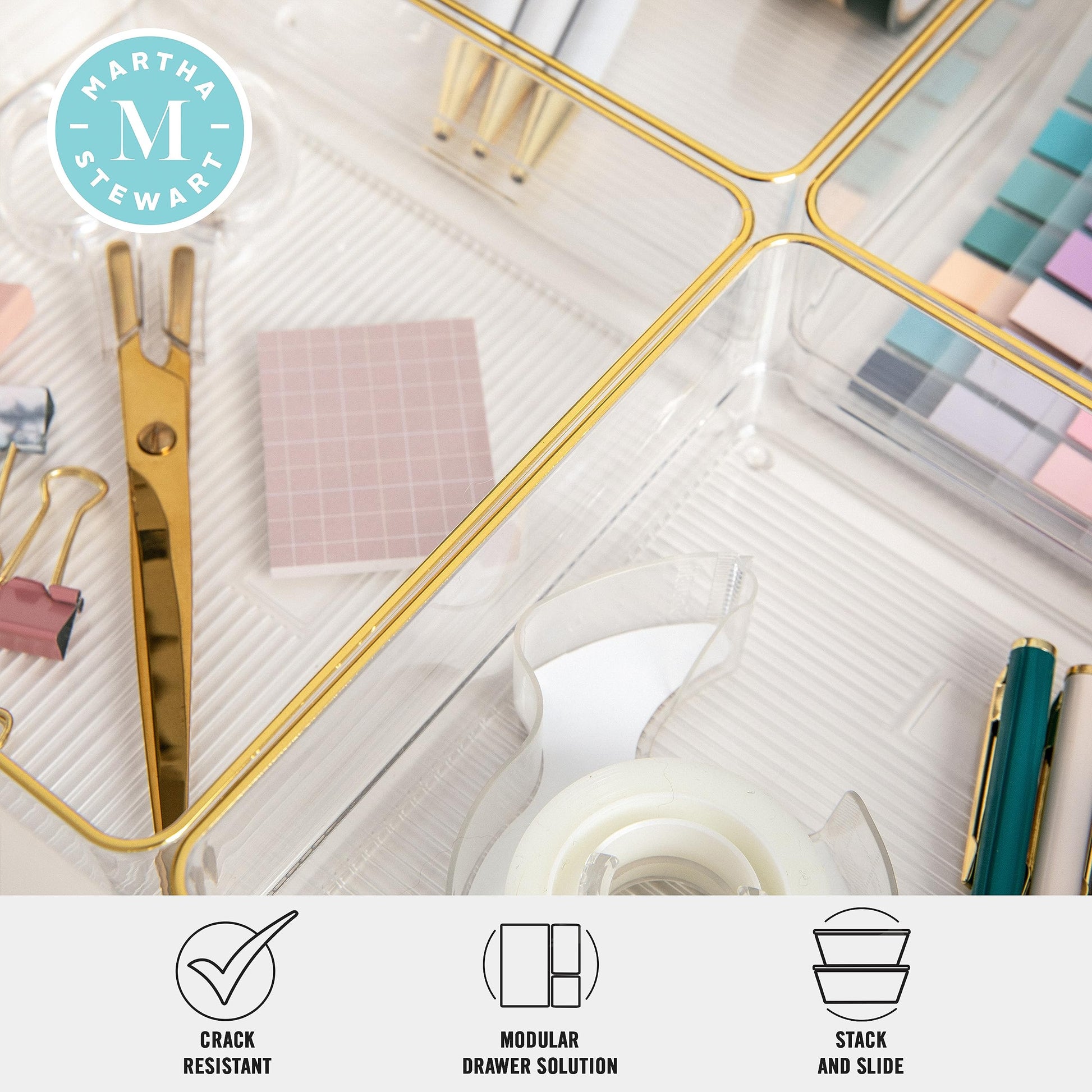 Martha Stewart Kerry Stackable Desk Drawer Organizers, Clear/Gold, 4-Pack