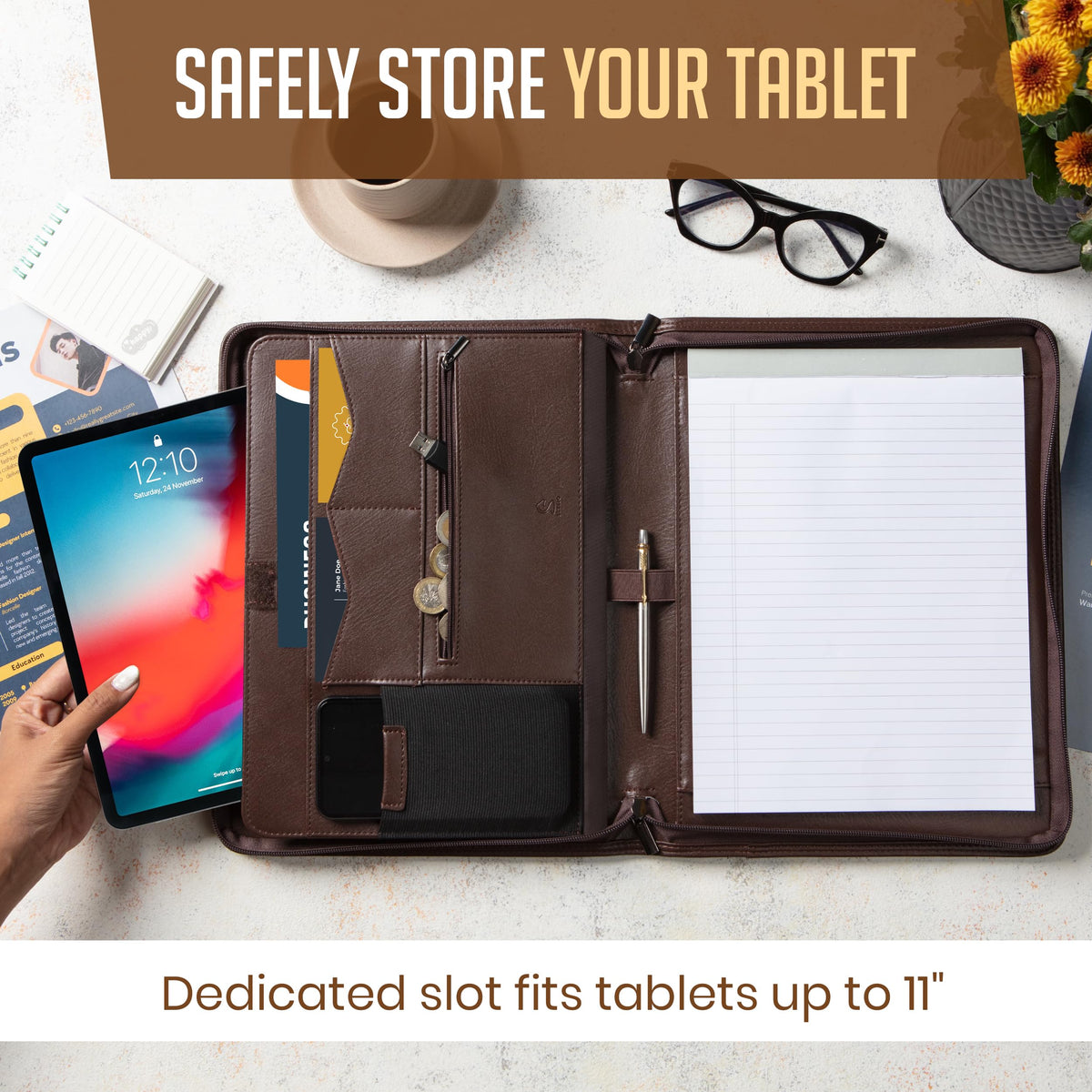 STYLIO Zipper Padfolio Portfolio Binder Organizer (Walnut Color) | Faux Leather Portfolio for