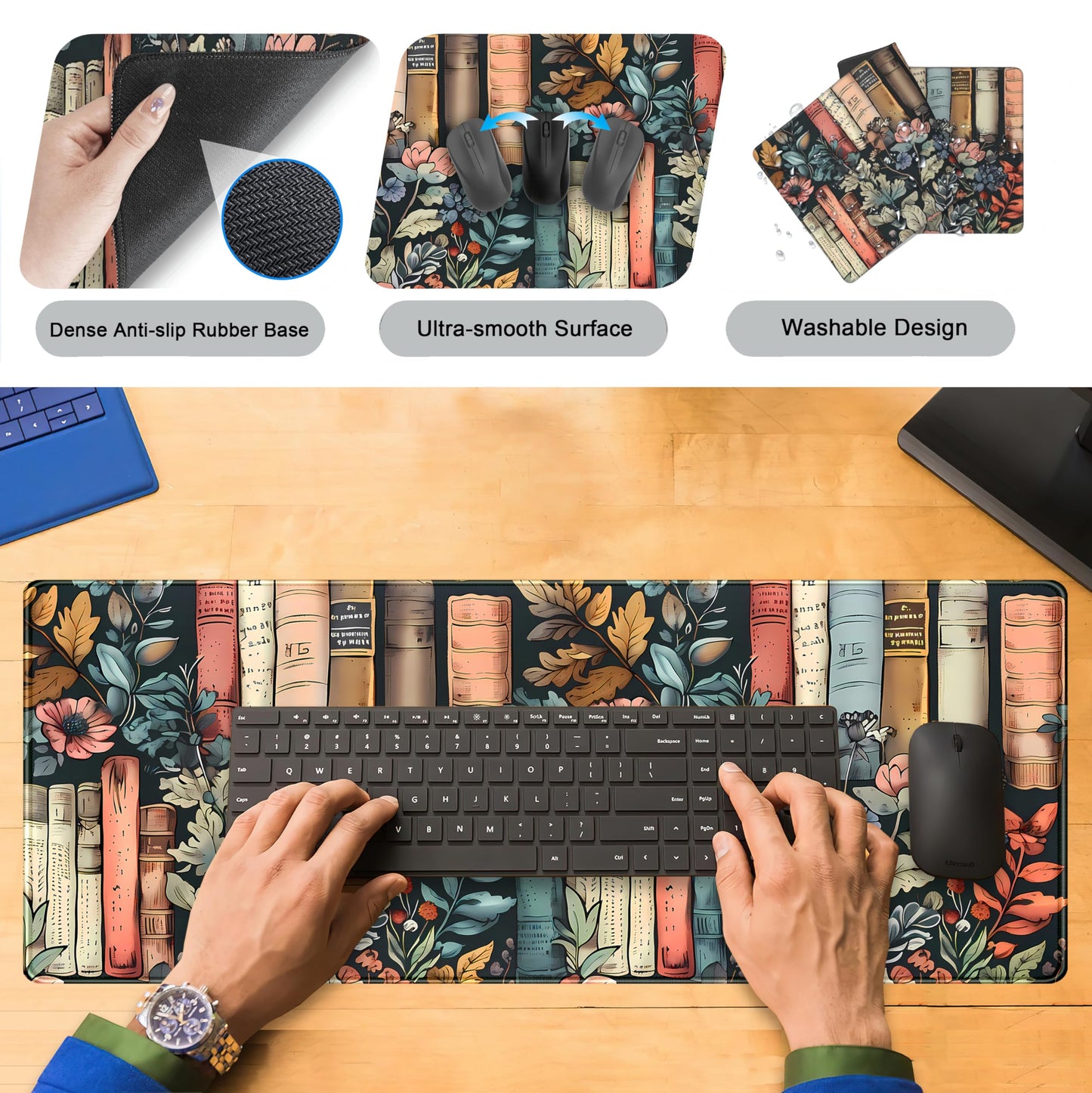 Flowers Desk Pads Gaming Desk Mat Large Keyboard Mouse Pad XL, Book Elements Computer Desktop Mats