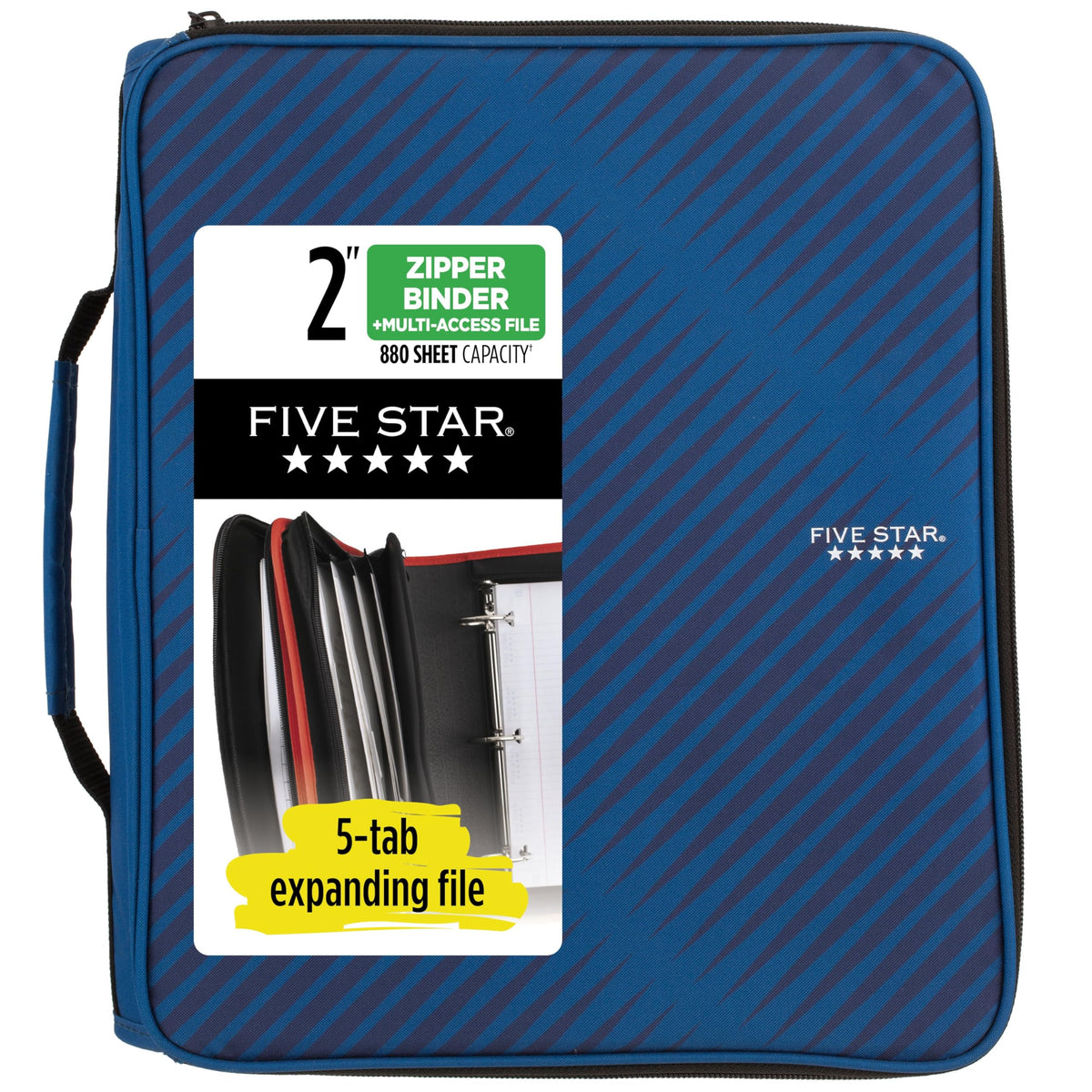 Five Star Zipper Binder, 2 Inch 3-Ring Binder with Round Rings, 5-Tab Expanding File, 380 Sheet