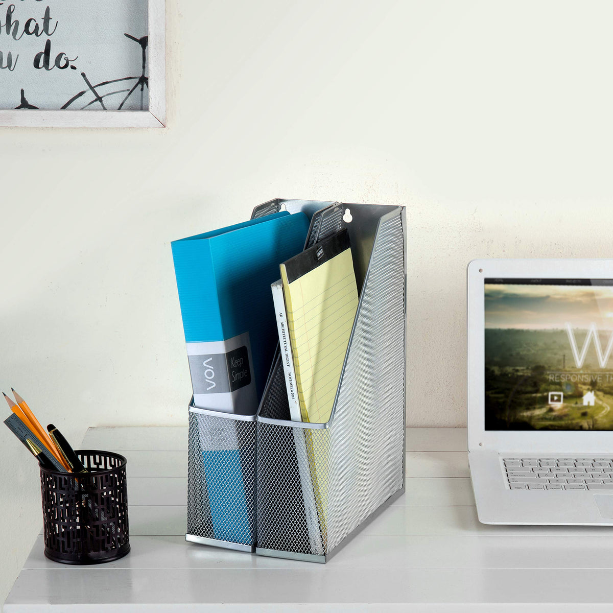 MyGift Silver Wire Mesh Document Holder, Wall Mounted or Desktop Magazine and File Rack, Set of 2