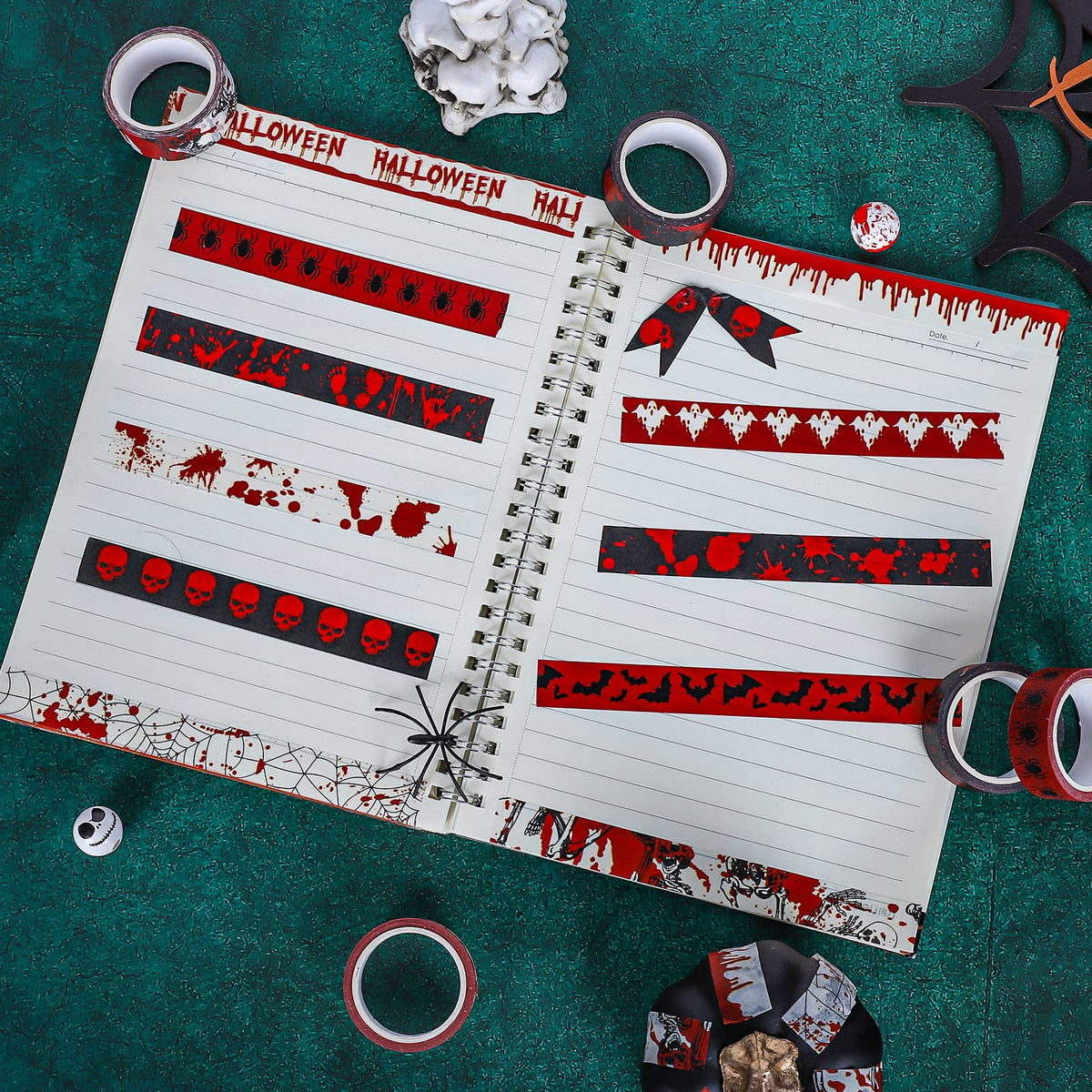 Whaline 12 Rolls Halloween Bloody Washi Tapes Blood Spatter Spooky Bloodstain Skull Ghost Masking