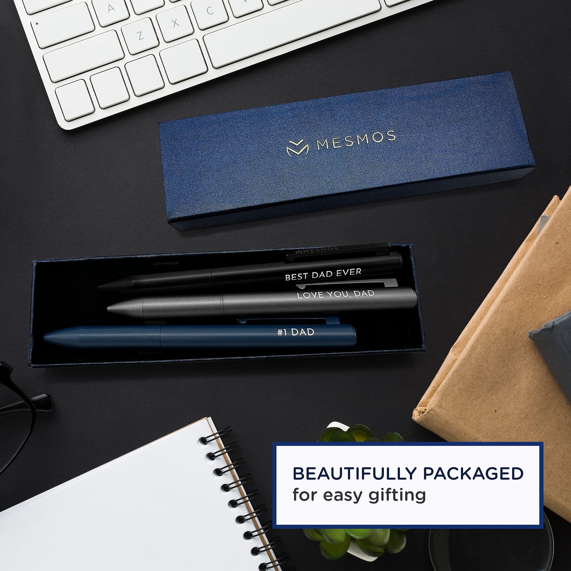 MESMOS Dad Pen Set, Best Ever Birthday Gift for Him from Daughter Son Wife, 3 Engraved Luxury Metal