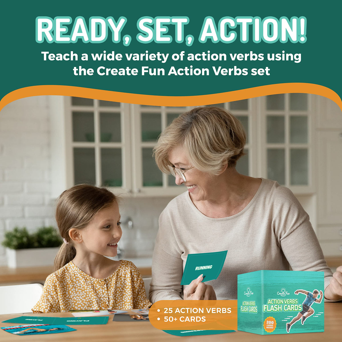 CreateFun 200 Action Verbs Flash Cards - Kids, Speech Therapy, ESL, Autism