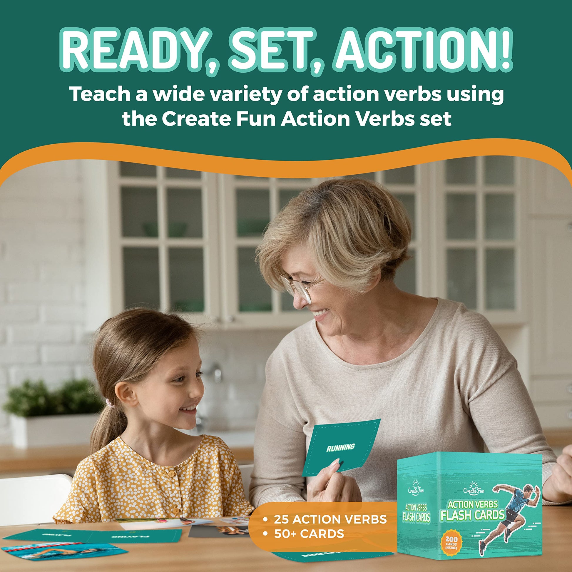 CreateFun 200 Action Verbs Flash Cards - Kids, Speech Therapy, ESL, Autism