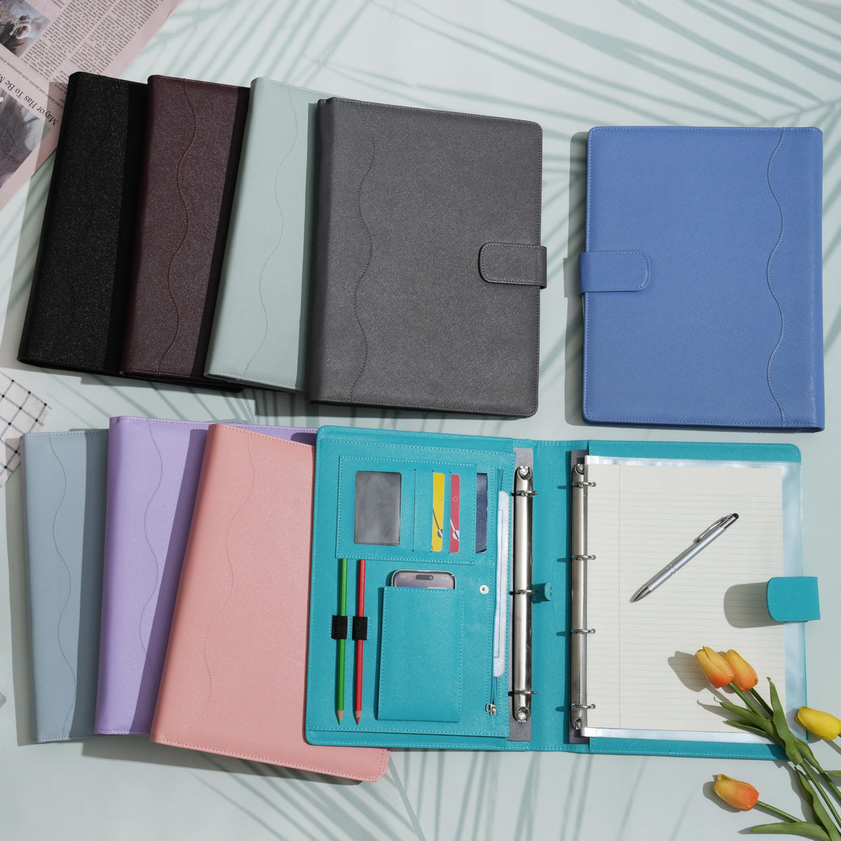Wonderpool A4 PU Leather 3 & 4 Ring Holder Writing Portfolio Multi Document Case with Removable