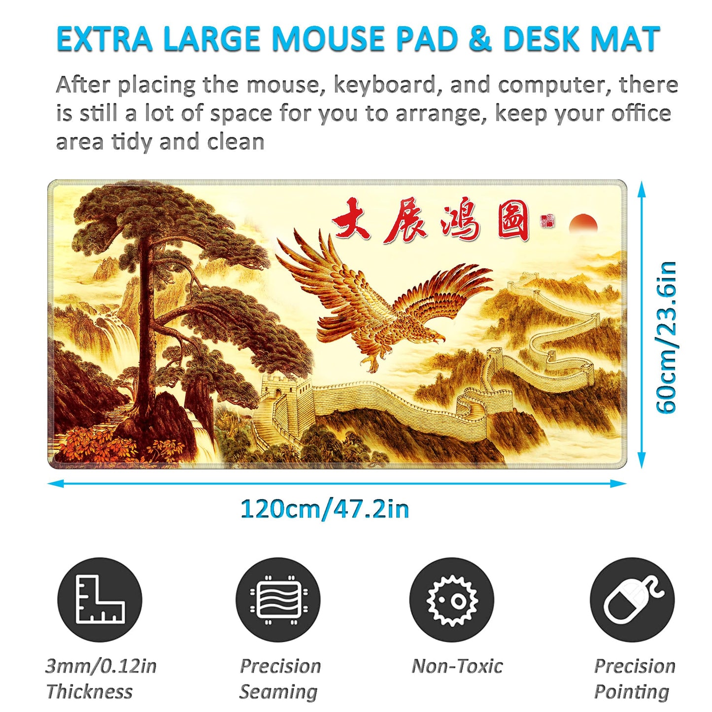 LL-COEUR XXL Landscape Gaming Mouse Pad Computer Keyboard Mat Office Desk Pad (Eagle, 47.2" x 23.6"