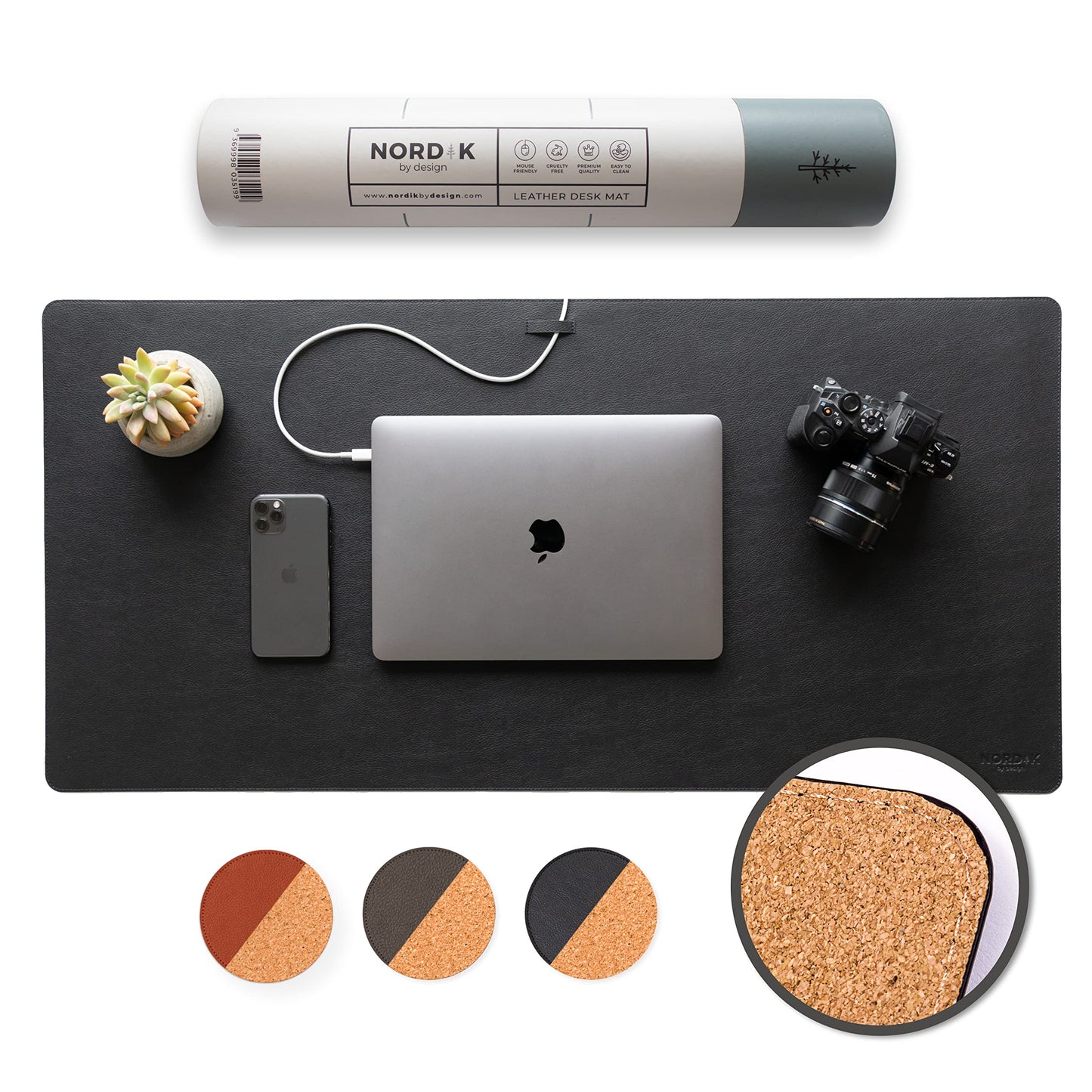 Nordik Leather Desk Mat - Cork Pebble Black - Leather Desk Pad 35x17 in
