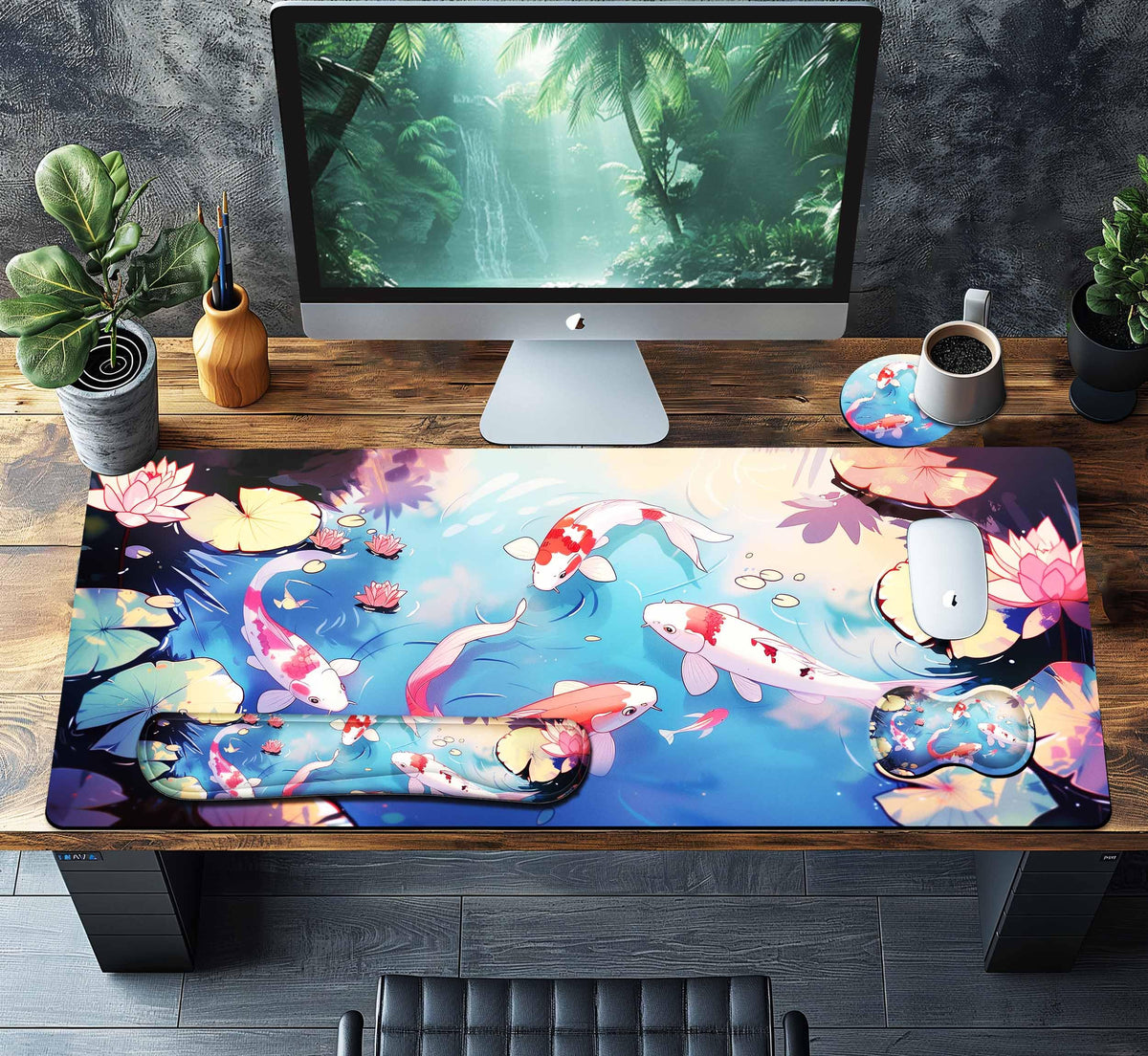 HaoSiTeck 4-Piece Extended Large Mouse Pad Set for Women Men with Colorful Koi Design Includes 35.4
