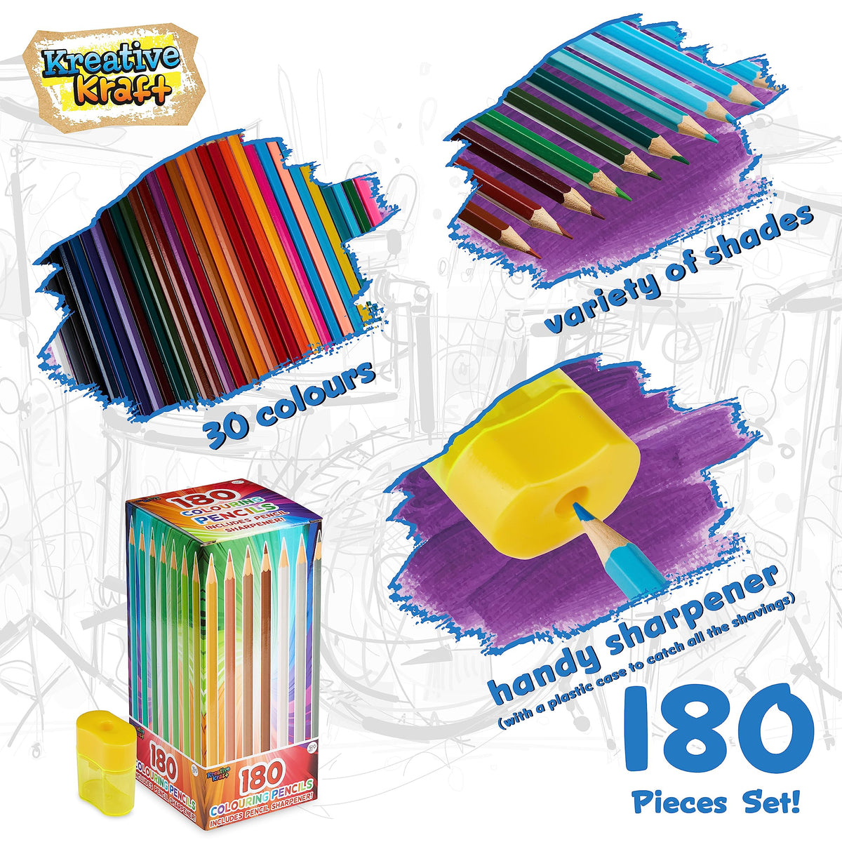 KreativeKraft Coloured Pencils Set of 180 - Colouring Pencils for Kids Teens and Adults - 30